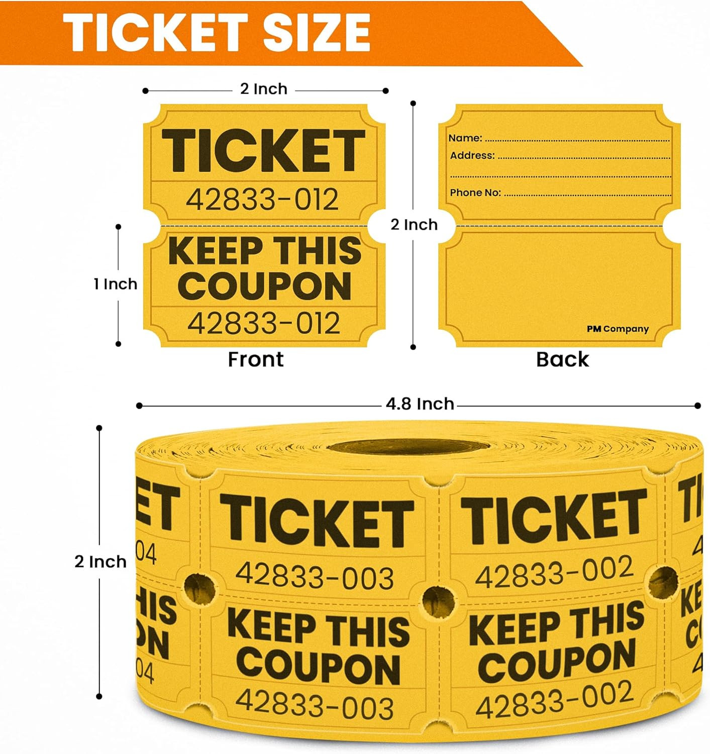 2000 Pcs (1000 Pairs) Raffle Tickets Double Roll, 50/50 Yellow Raffle Tickets fo