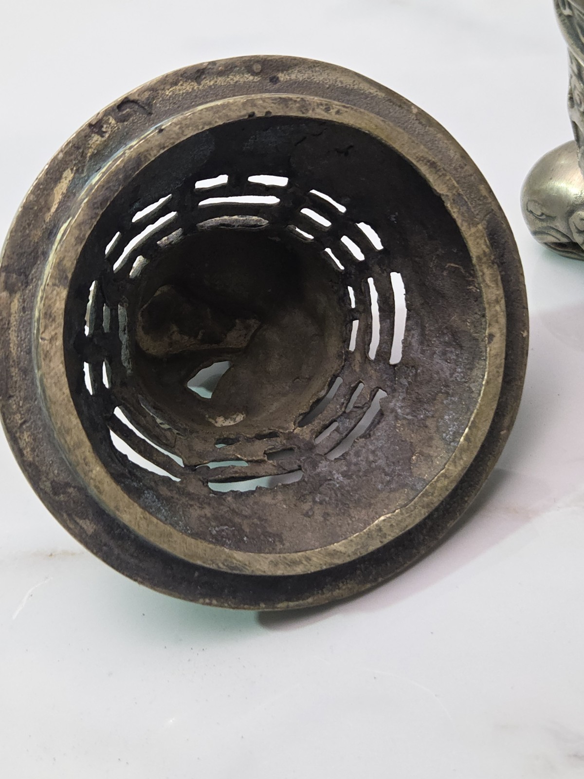 6" Qianlong Marked Copper Silver Dragon Beast Pattern Incense Burner Censer VTG