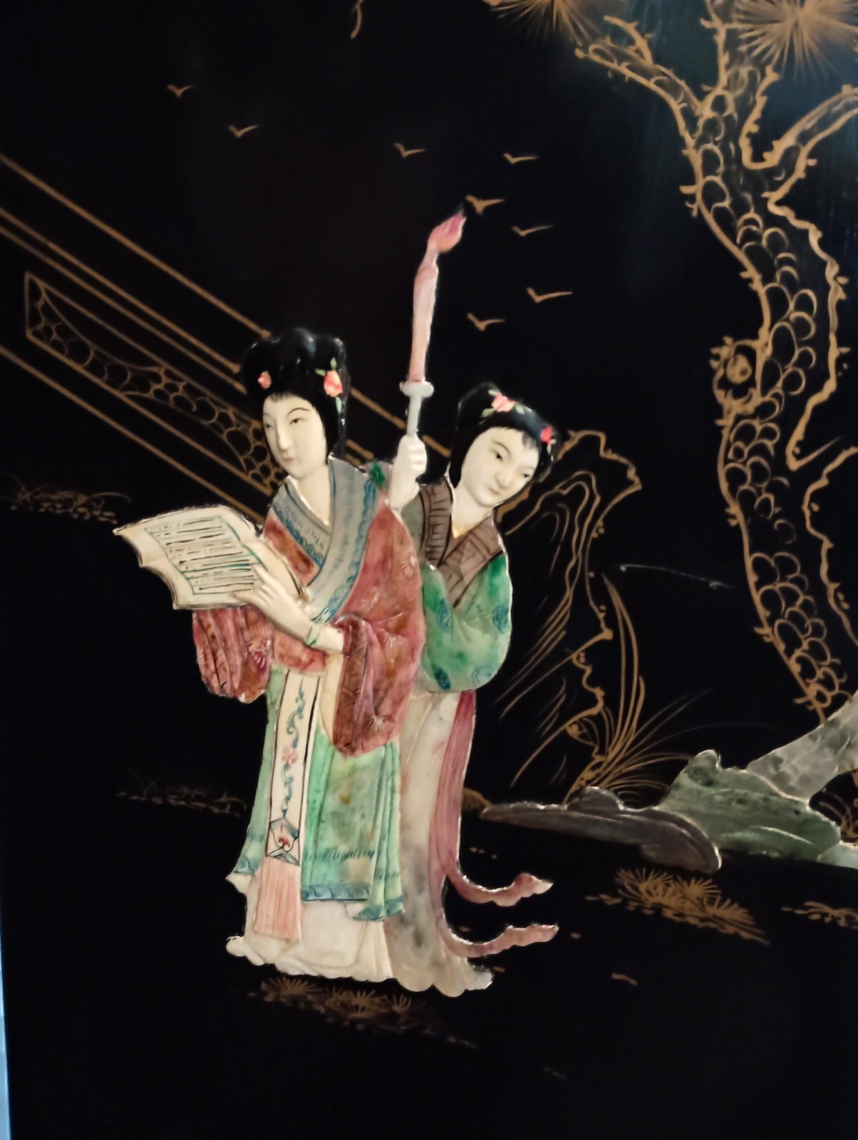 Lovely Asian Lacquered Wood Room Divider, 72" Tall, Mother Of Pearl & Hardstone