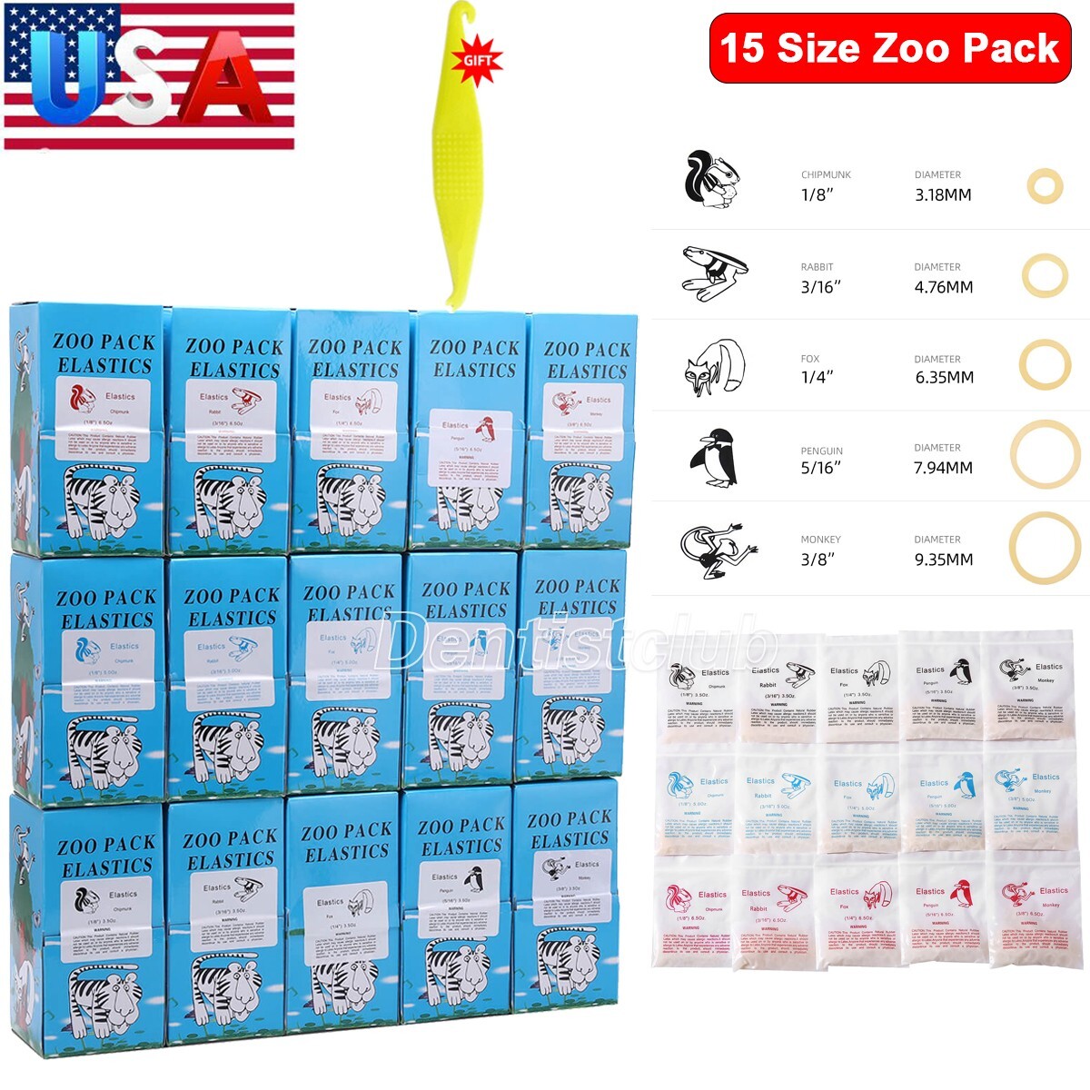 USA Dental Orthodontic Elastic Rubber Bands Latex Braces 3.5/5.0/6.5 OZ Zoo Pack