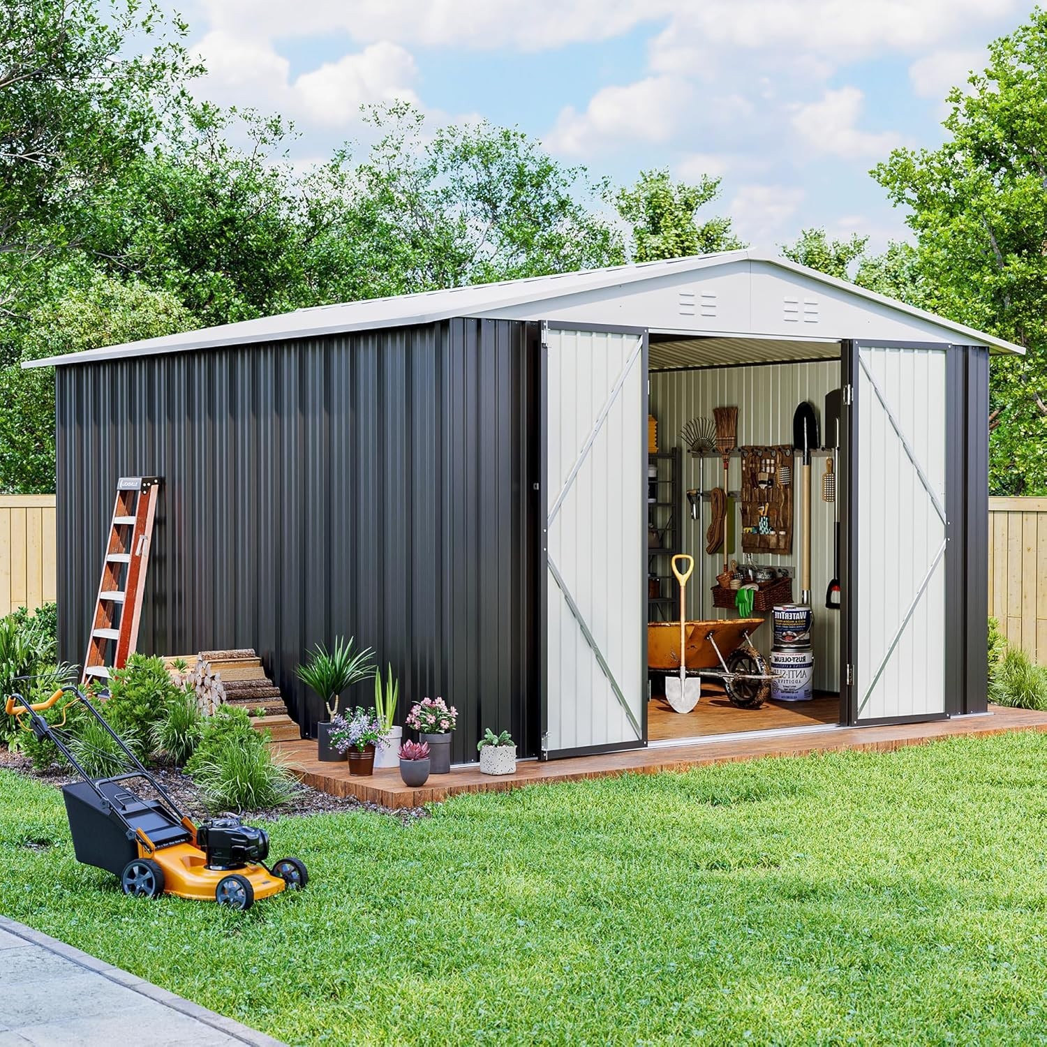 10x12 FT Outdoor Storage Shed with Updated Frame, White/Black