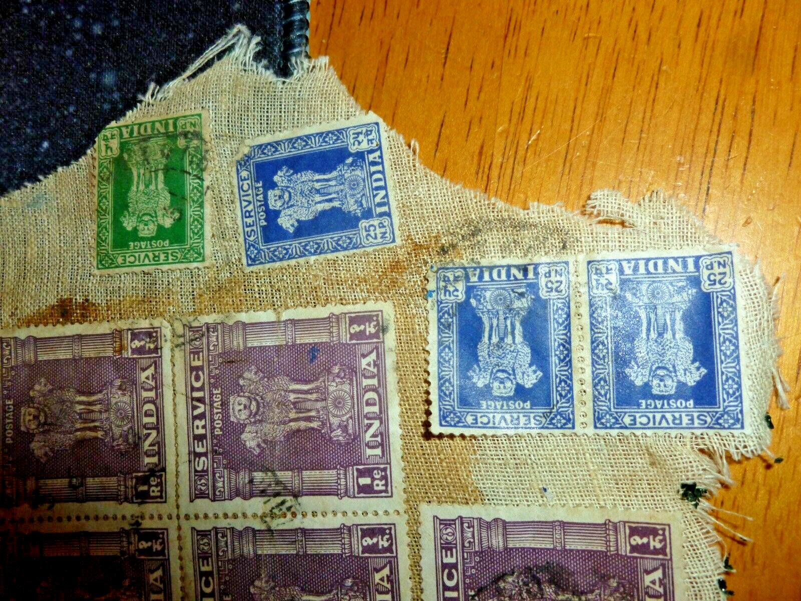 Indian Stamps Asoka Pillar Stamps Purple Green Blue Red on Old Postage Cloth