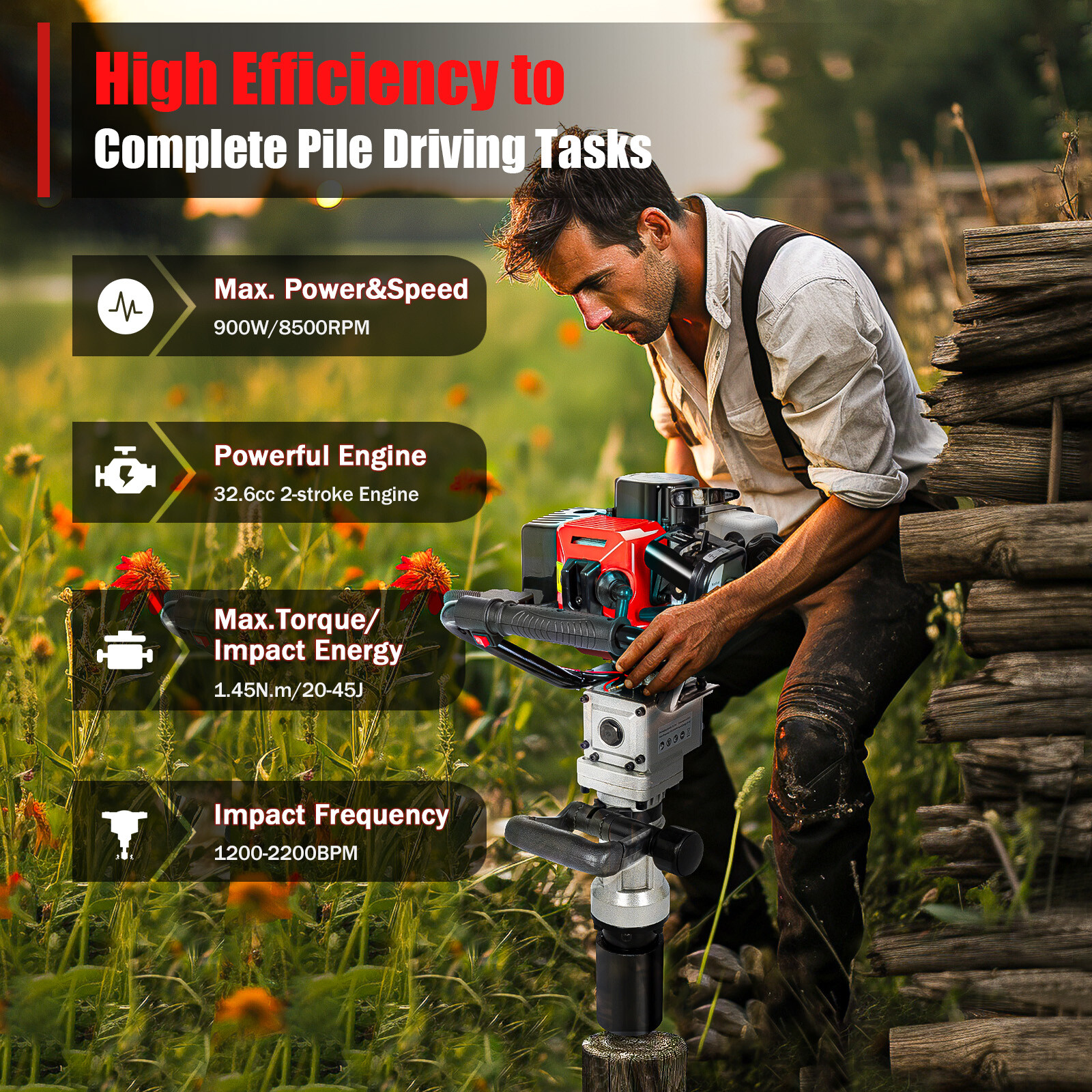 Fence T Post Driver Gas Powered 2 Stroke Motor Pile Drivers Jack Hammer Gasoline