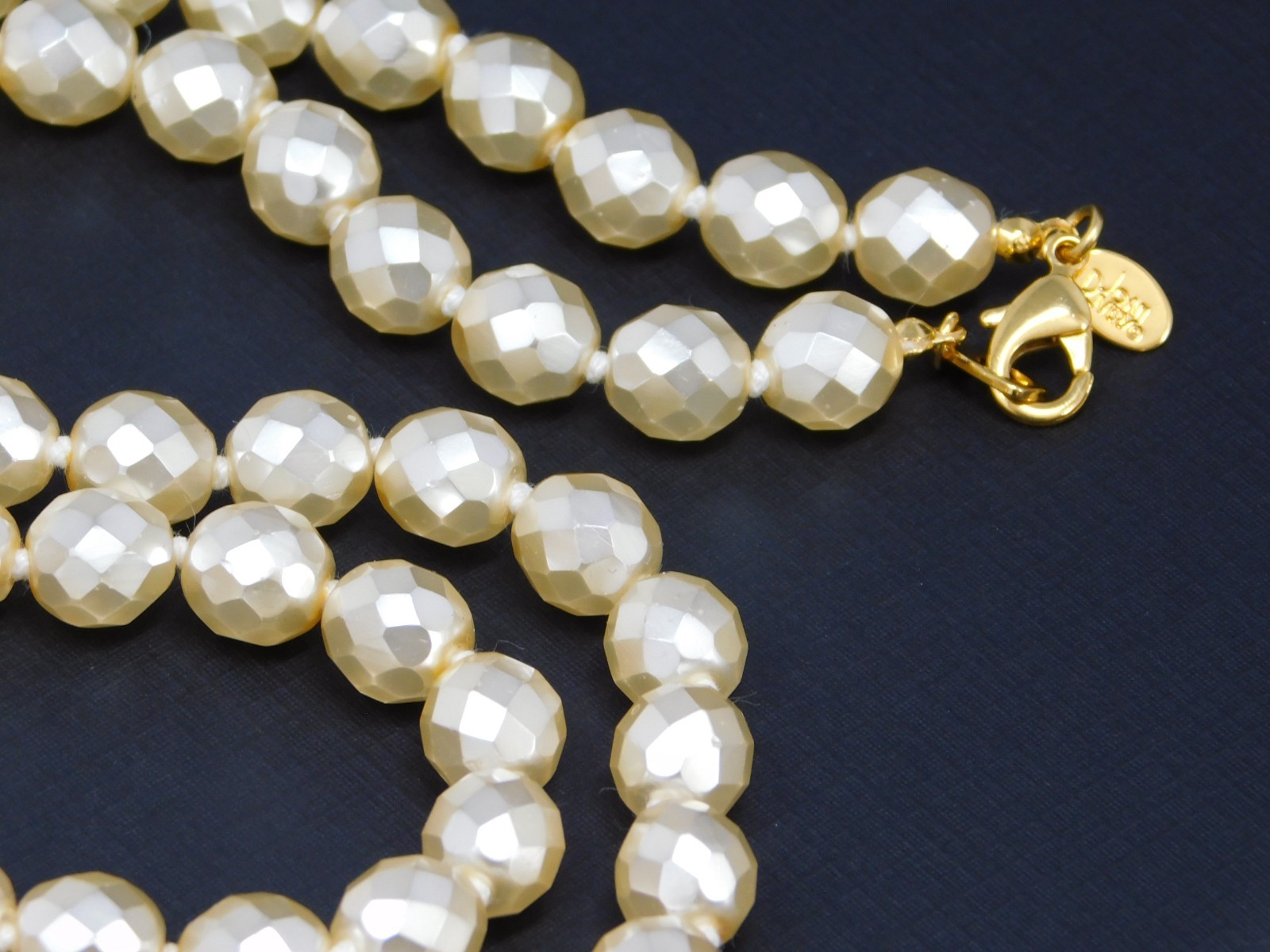 Vintage JOAN RIVERS Cream Hand Knotted Faceted Faux Pearl Glass Bead Necklace