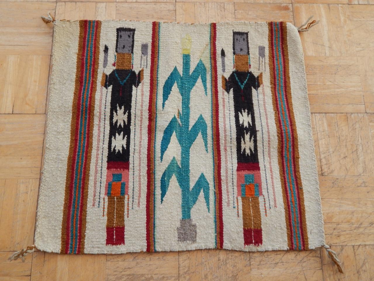 VINTAGE NAVAJO INDIAN SHIPROCK CORN YEI PICTORIAL RUG / WEAVING - CLEAN + NICE !
