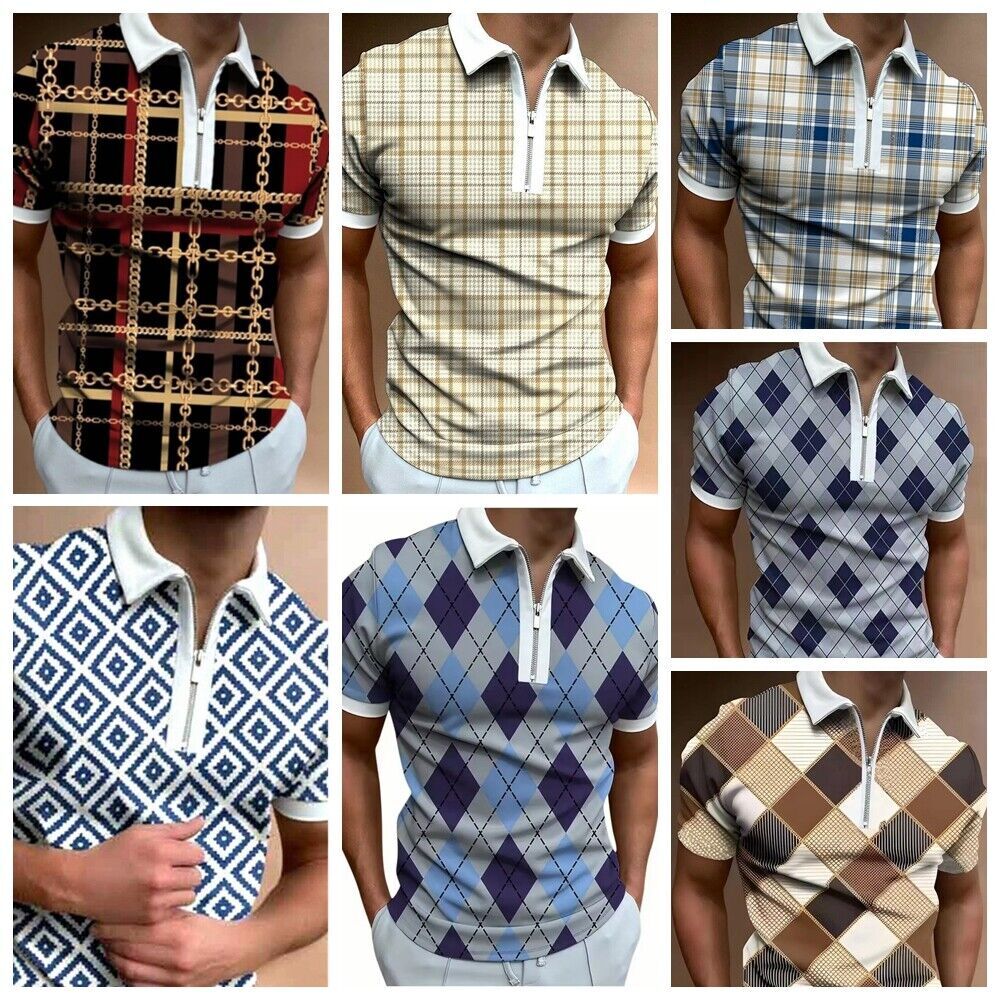Polo T Shirt Men Zipper Collar Diamond Plaid Fashion Golf Sport Short Sleeve Tee