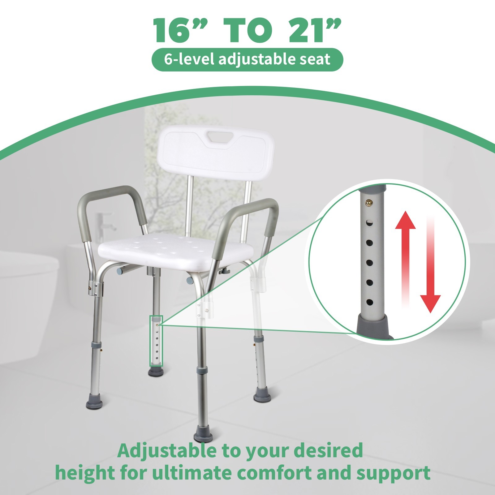 Adjustable Height 350lb Shower Chair with Arms & Back – Non-Slip Bath Stool