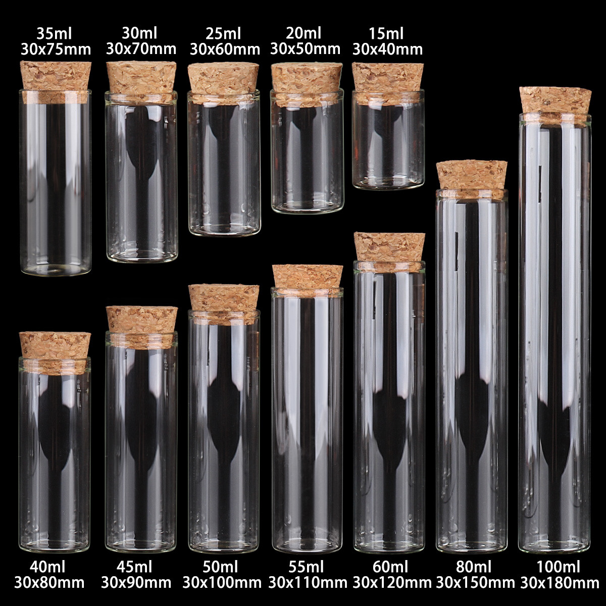 15ml-100ml Small Glass Test Tube with Cork Stopper Bottles Jars Vials 24 pieces