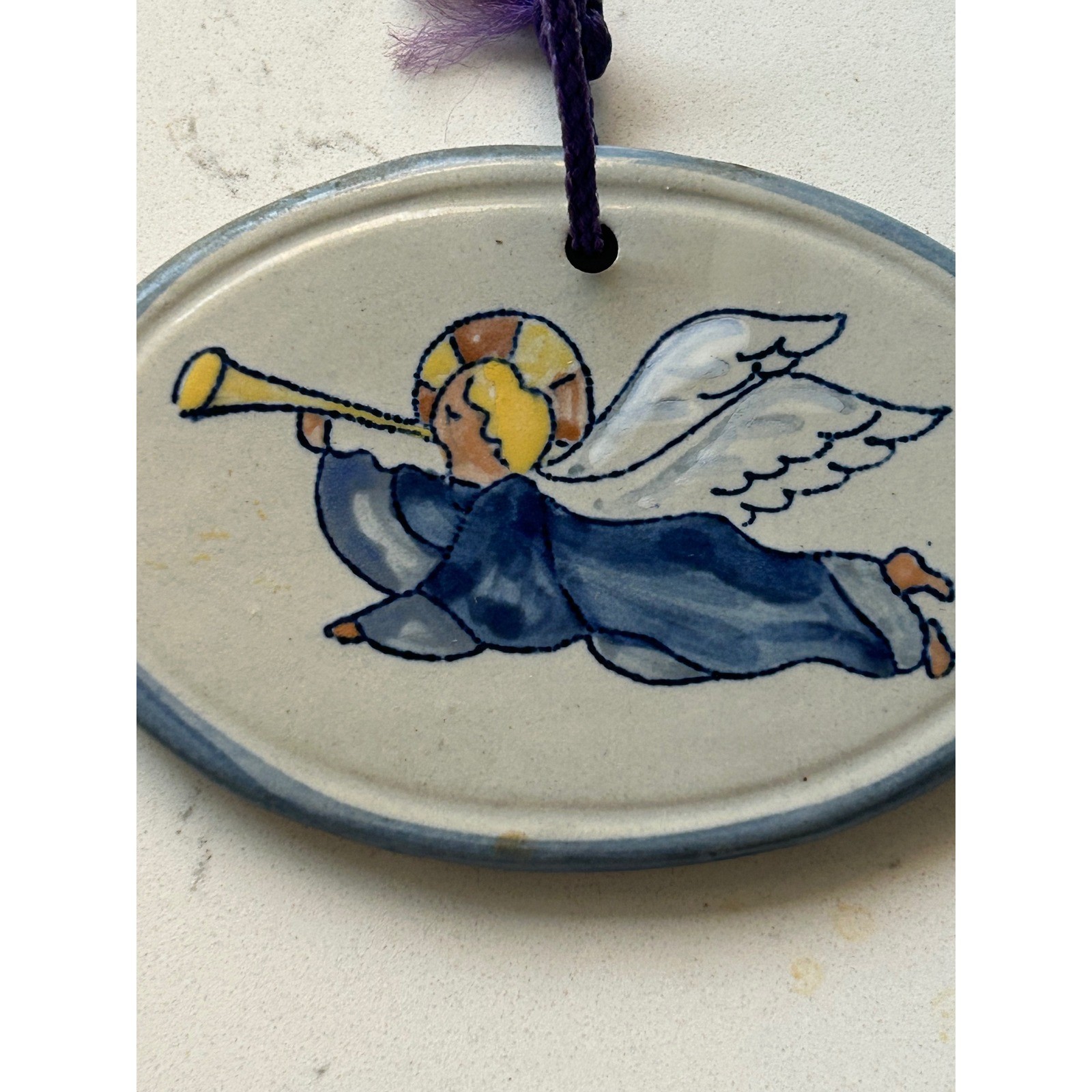 Louisville Stoneware Angel Ornament Trumpet Ceramic Handmade USA Blue