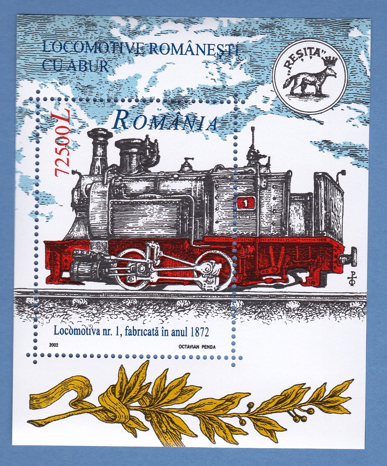 2002 LOCOMOTIVE STAMP MINISHEET RAILROAD TRAIN TRACK STEAM ENGINE RED ROMANIA