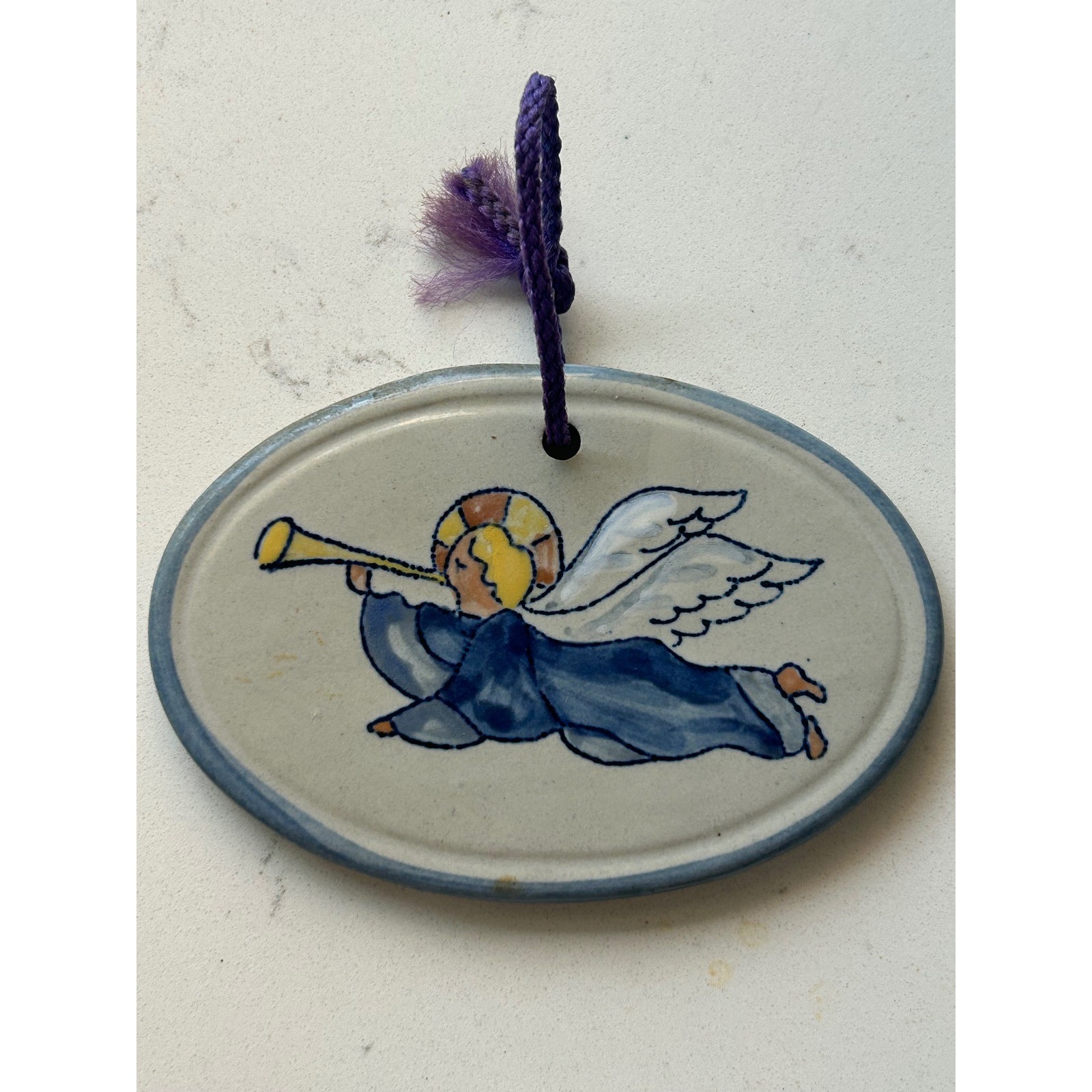 Louisville Stoneware Angel Ornament Trumpet Ceramic Handmade USA Blue