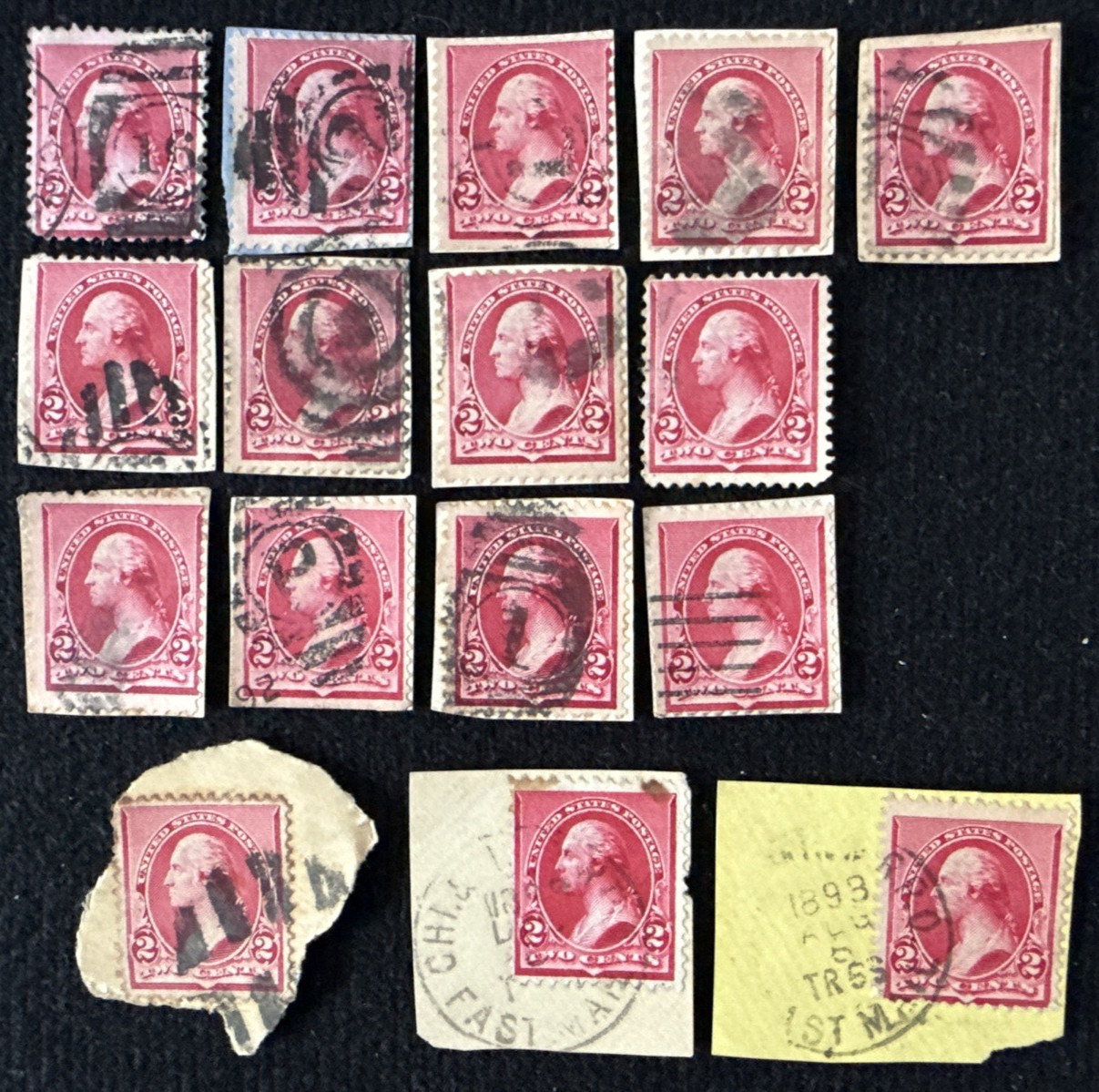 1890-93 US 10 Random 2c Washington Stamps W/Fancy Cancel Used, SC#220 (CV $7)