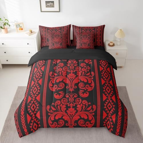 Victorian Decor Western Size Comforter Set with Sheets - Damask 7 King Red