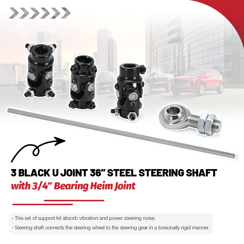 Steering Box Black U Joint 36" Steel Steering Shaft + 3/4" Support Bearing GM