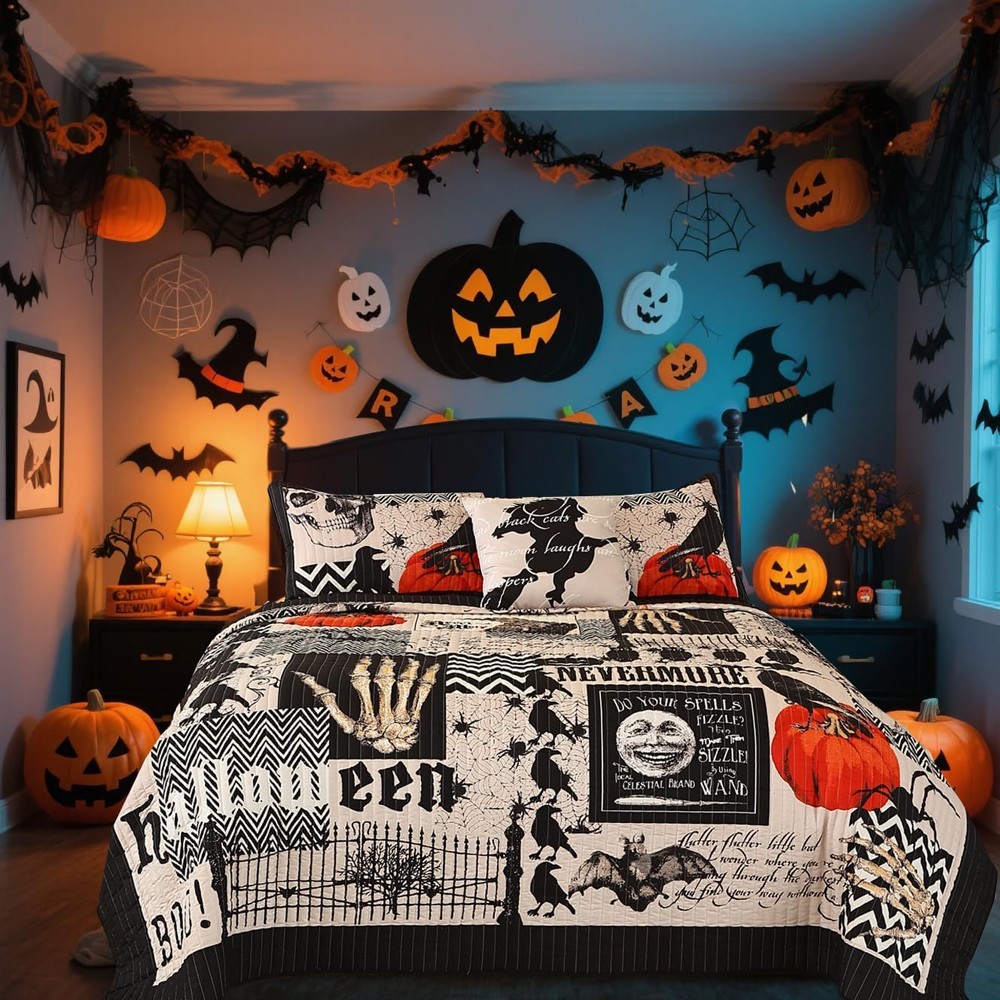 4 Piece Halloween Quilt Set Queen Size Bedspread Pumpkin Ghost Coverlet 90"x90"