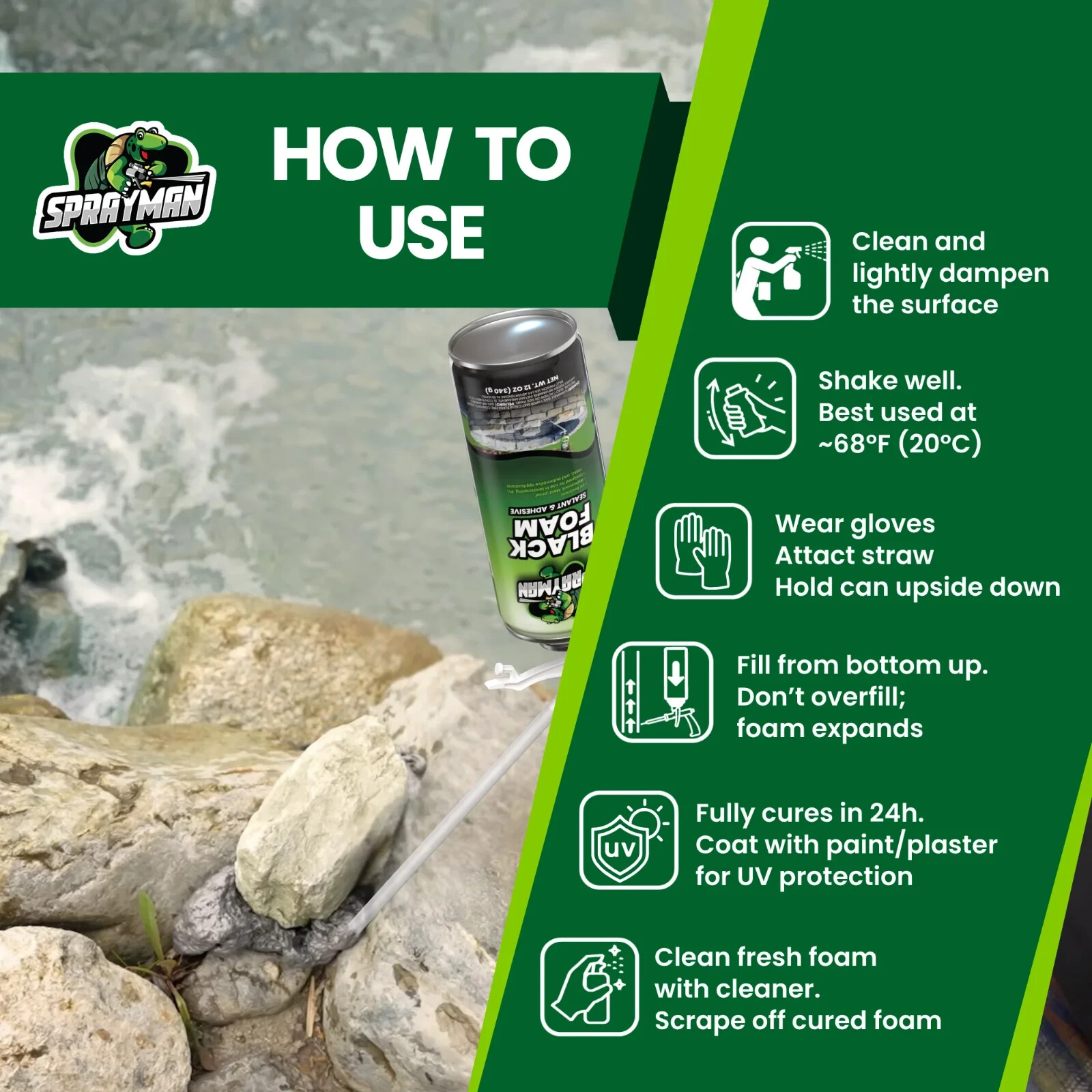 Sprayman Black Foam Sealant - Pond Waterfall Landscaping, 12oz 2 Pk - Straw Use