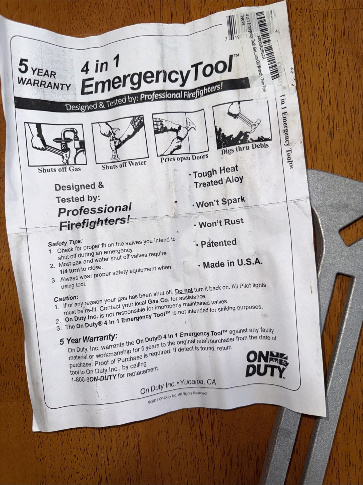 On Duty 4 in 1 Emergency Tool Gas Water Shutoff Entry Prybar Earthquake Kit New