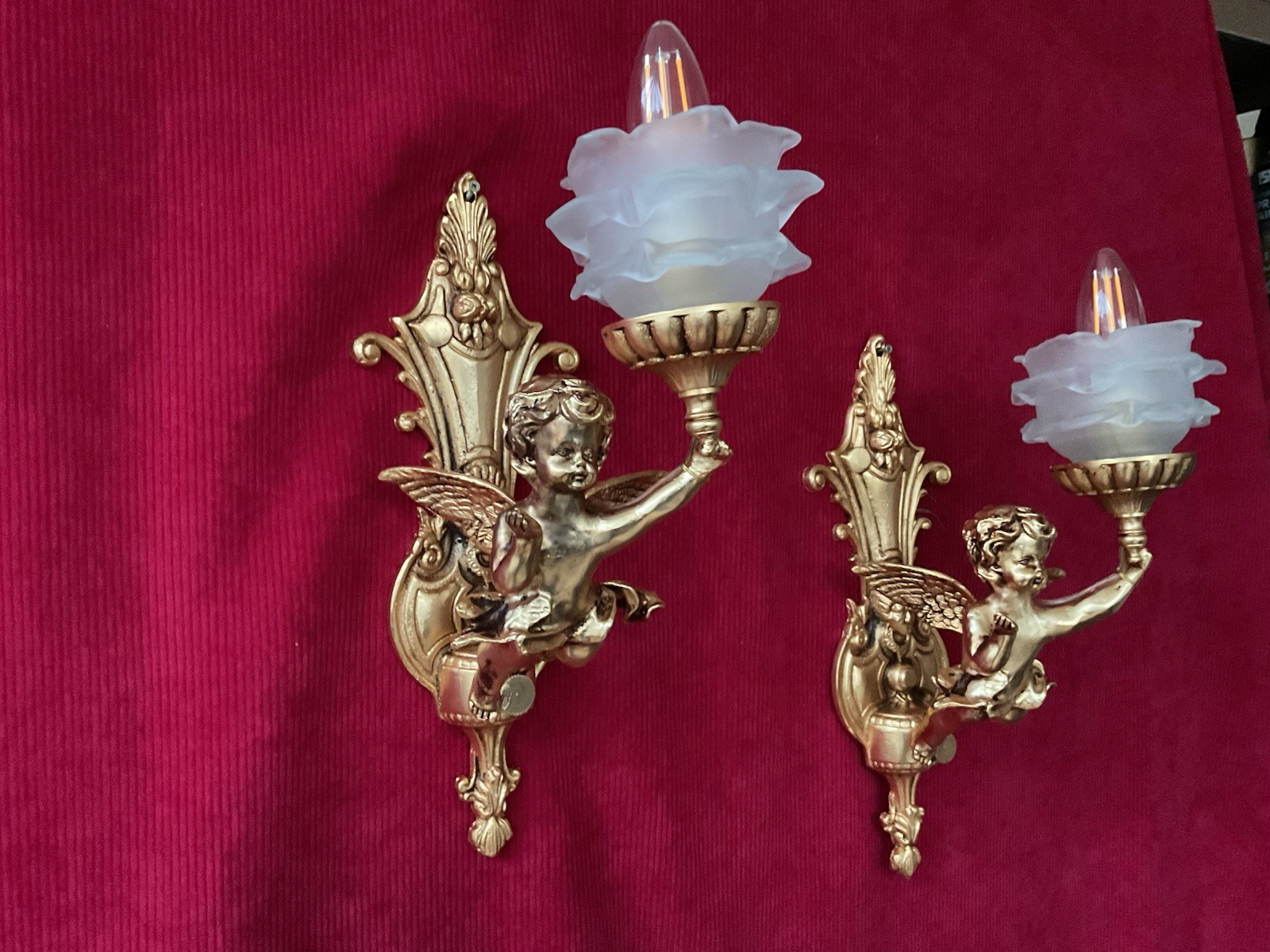 Pair Of Vintage French Putti Cherubs Winged angel Wall Lights Ormolu
