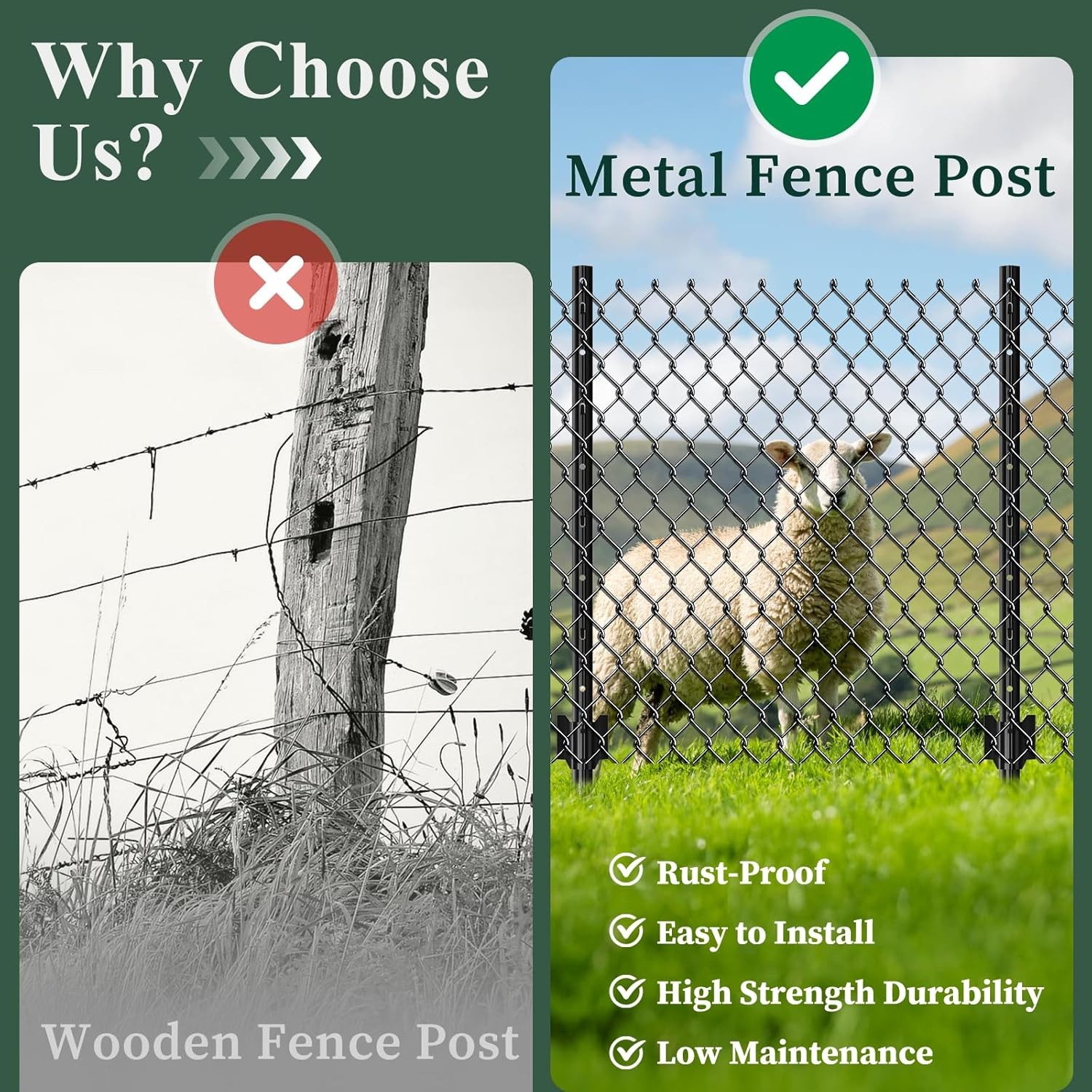 Metal Fence Post 5 Feet Black, Pack of 10, T Post for Wire Fence, Rustproof U Po