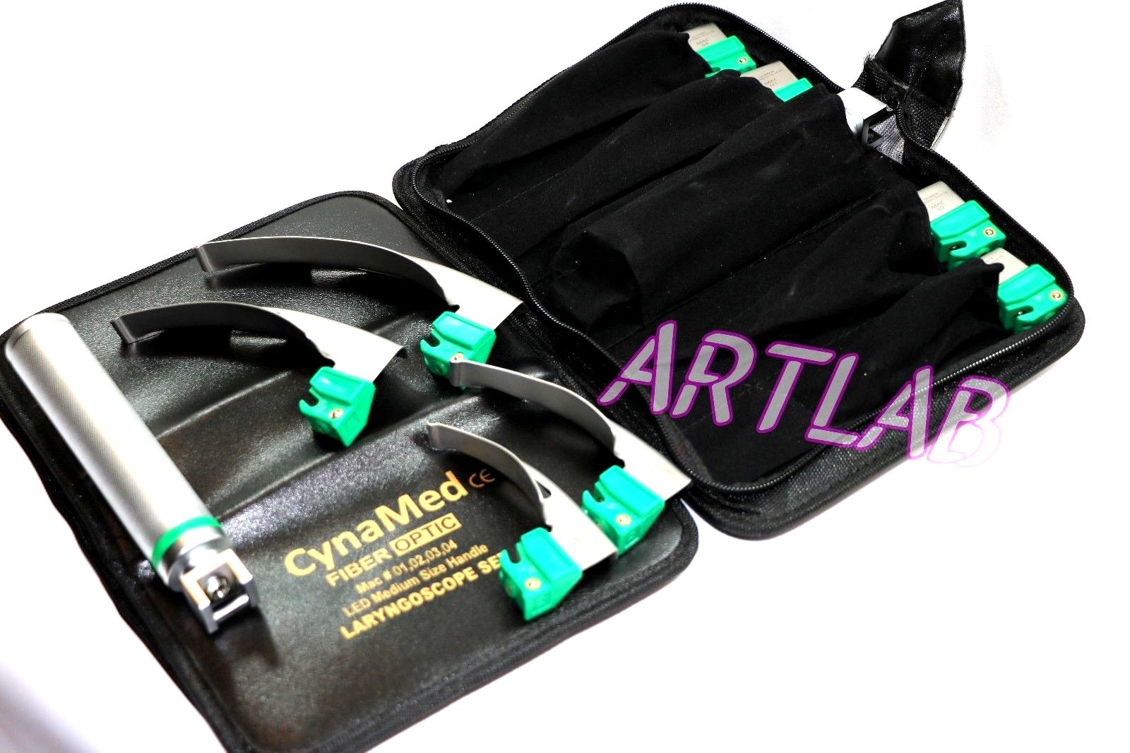 FIBER-OPTIC LARYNGOSCOPE SET OF 4 INTUBATION BLADES 1,2,3,4 + MEDIUM HANDLE