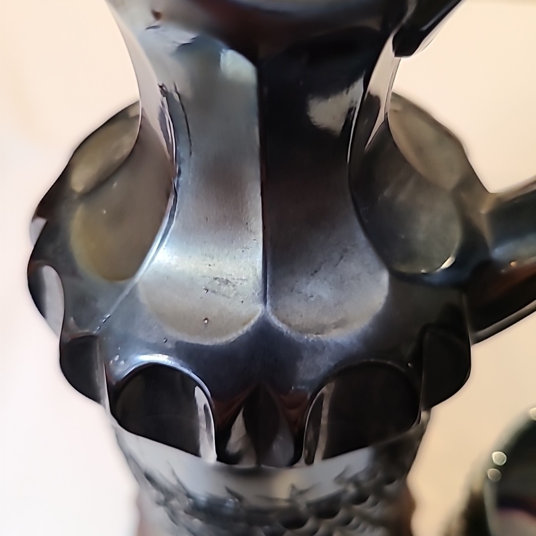 vtgNORTHWOOD CARNIVAL GLASS GRAPE & CABLE WHISKEY DECANTER & SHOT GLASS AMETHYST