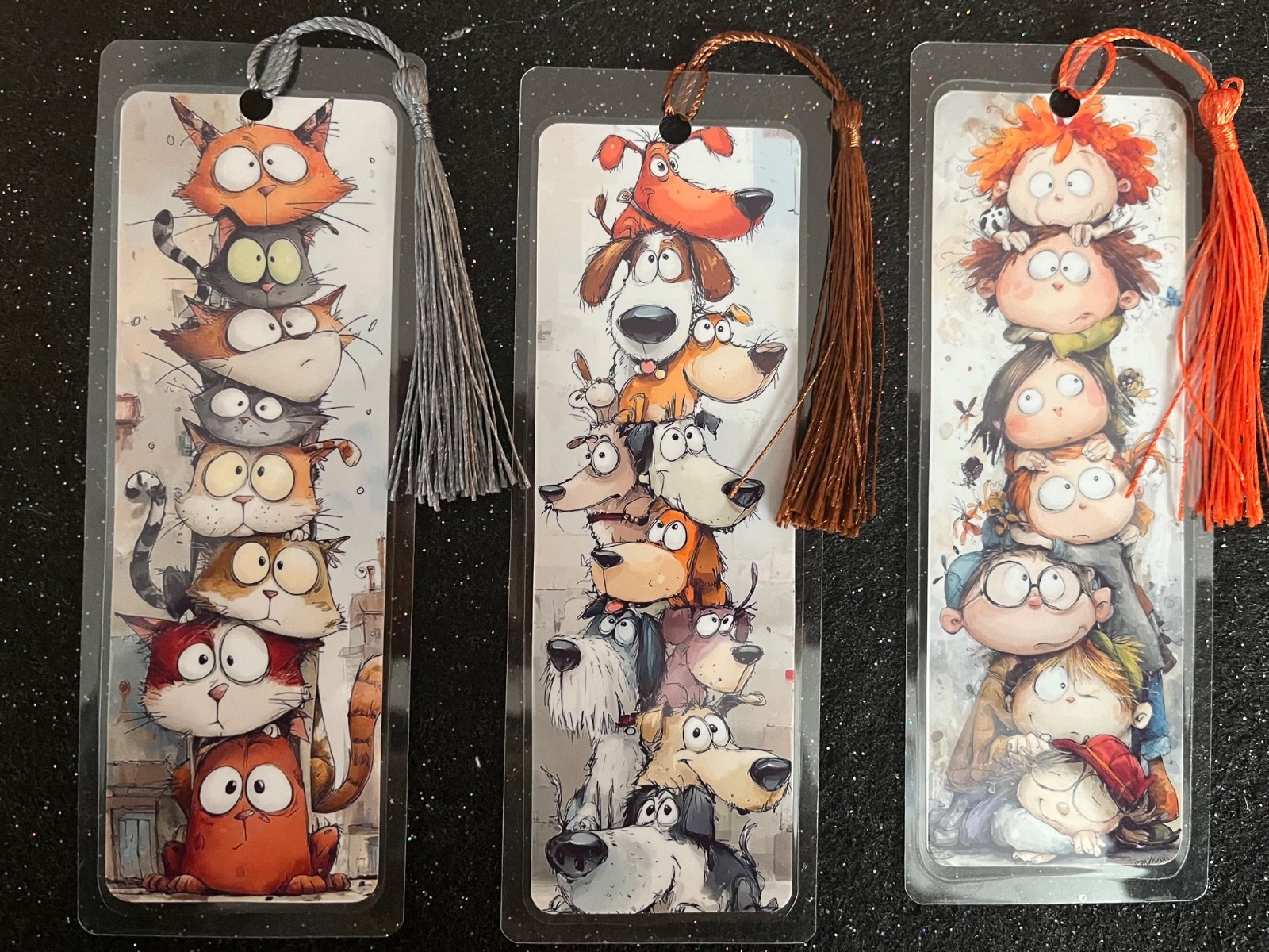 CRAZY CATS, KIDS & DOGS TRIO OF LAMINATED BOOKMARKS WITH TASSELS HANDMADE