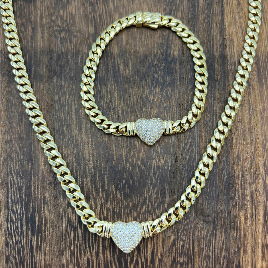 14K Gold Plated Cz Heart Cuban Choker Chain Necklace And Bracelet Set
