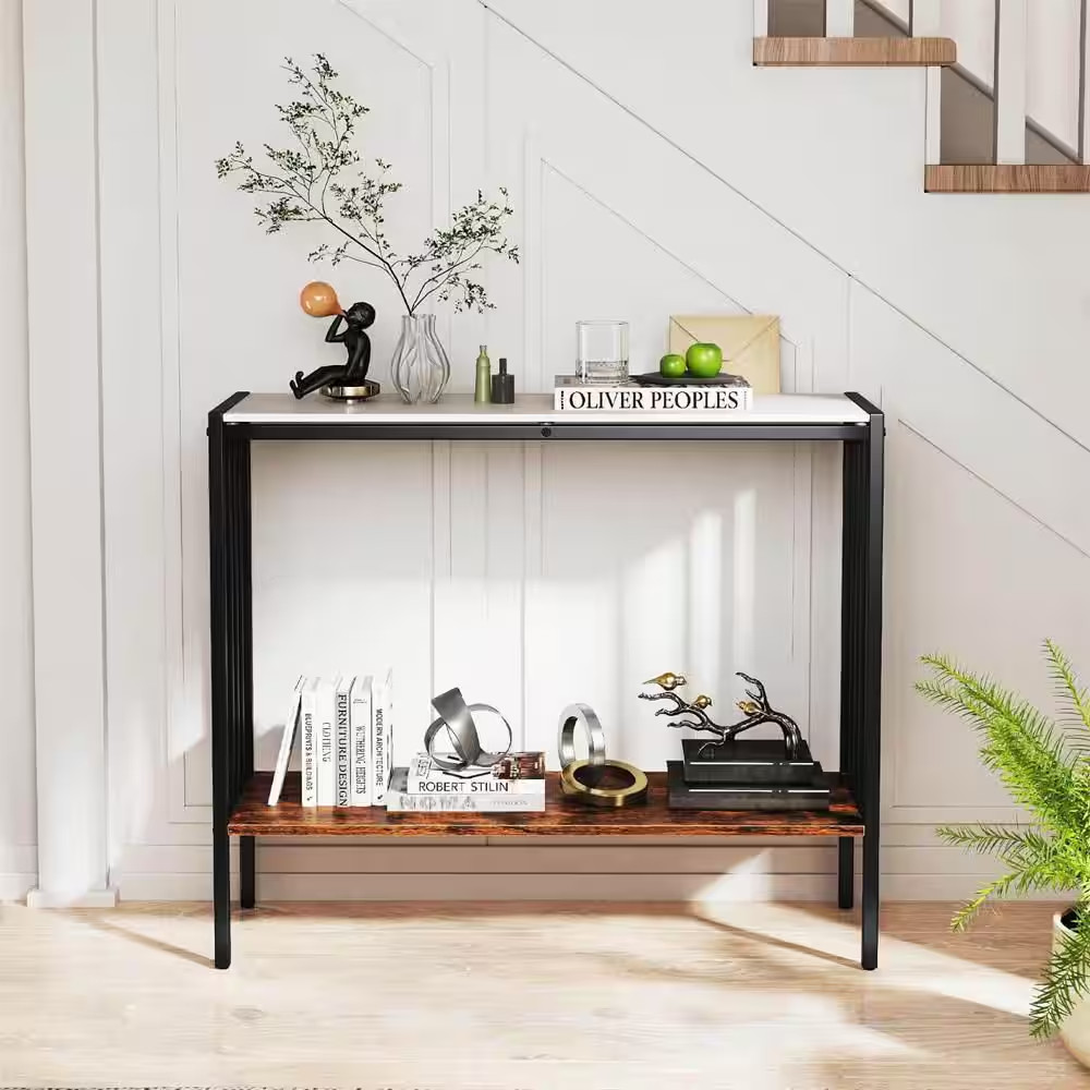 36 In. White Rectangle Sintered Stone Tabletop Console Table with Open Shelf for