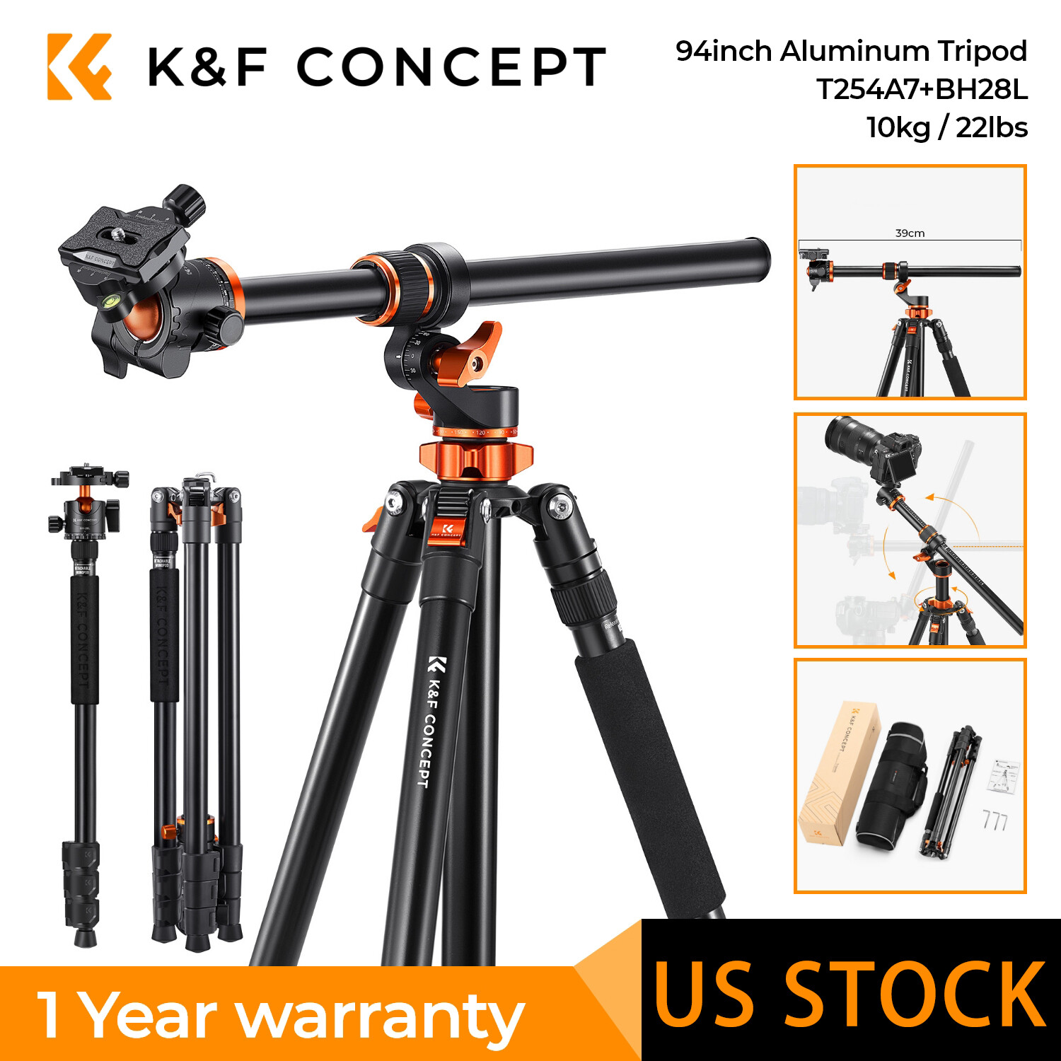 K&F CONCEPT 90'' Camera Tripod Ultra-high Transverse Center Column Horizontal