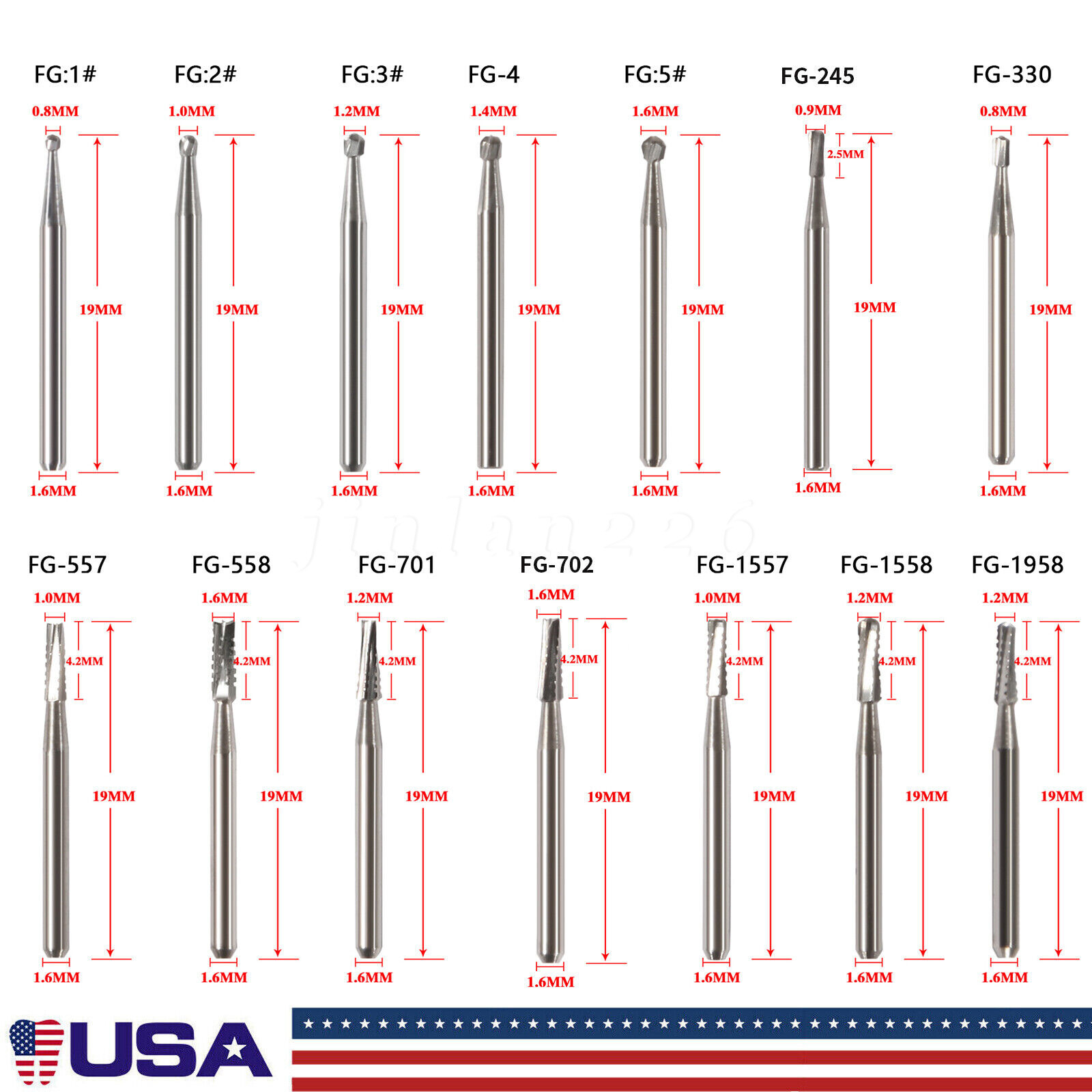 10-100Pcs Dental Carbide Burs for High Speed Handpiece Round Cone Bur Diamond FG