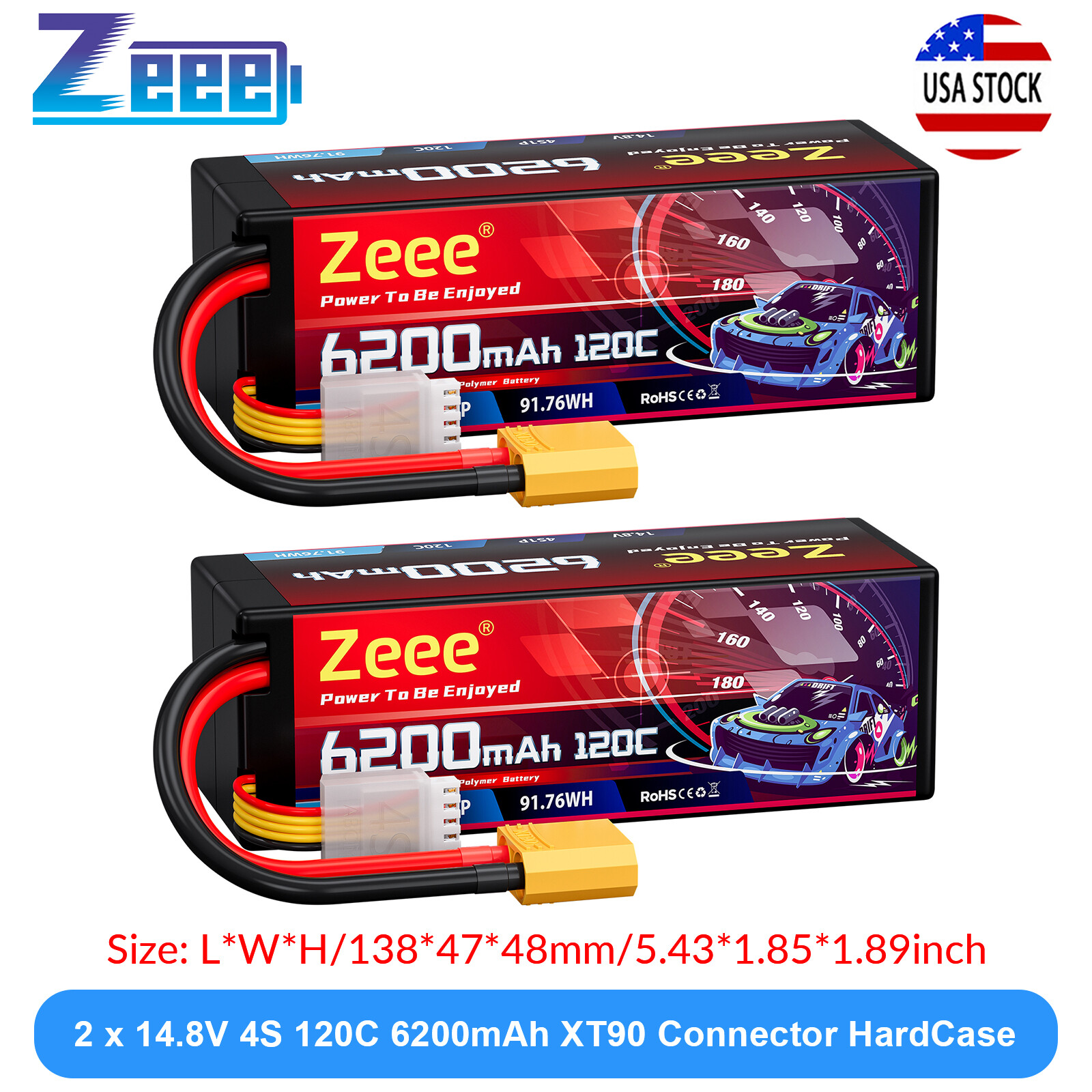 2x Zeee 4S Lipo Battery 6200mAh 14.8V 120C XT90 Plug for RC Car Truck Tank Buggy