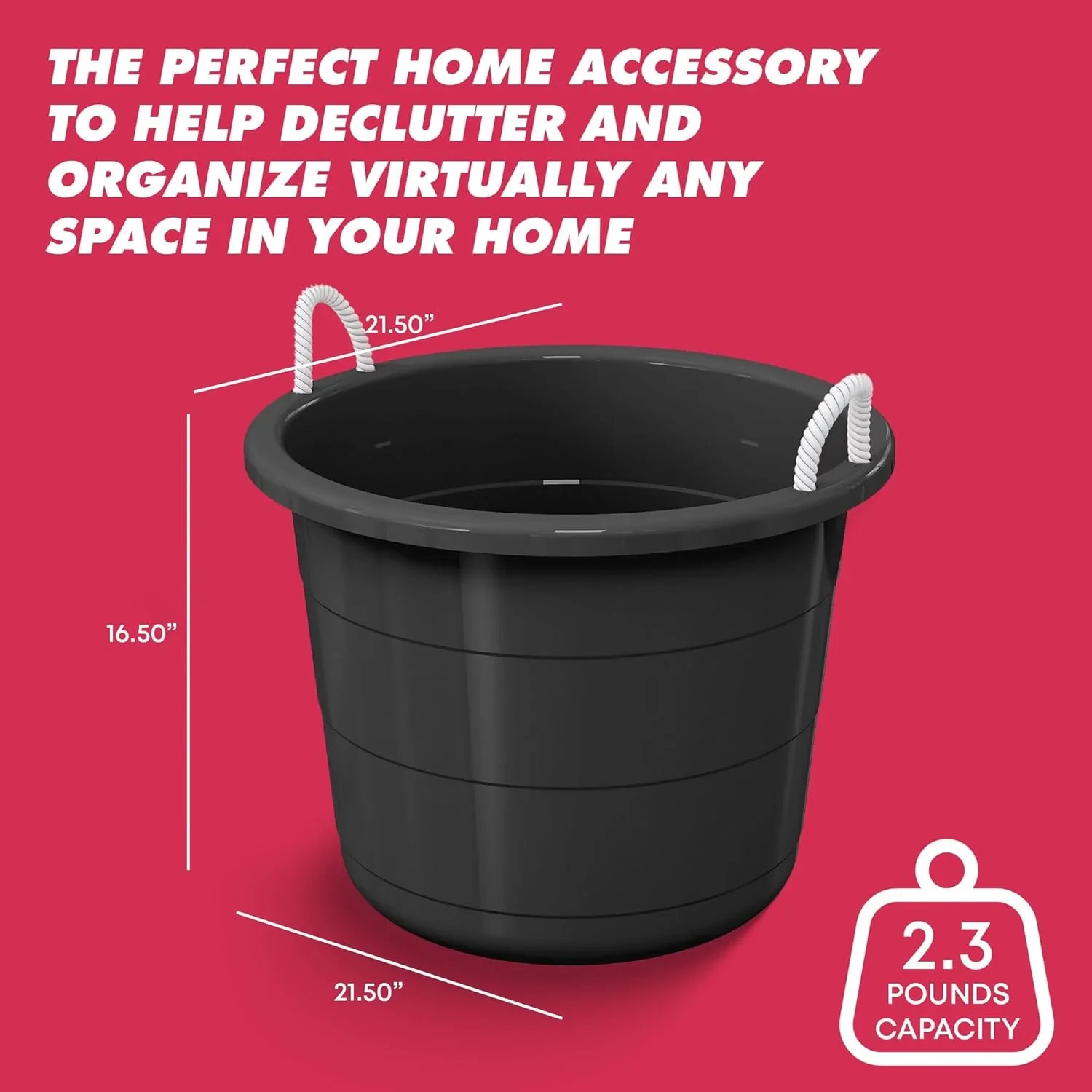 Black 17-Gallon Storage Tub - Flexible Plastic, Rope Handles, Utility Bucket