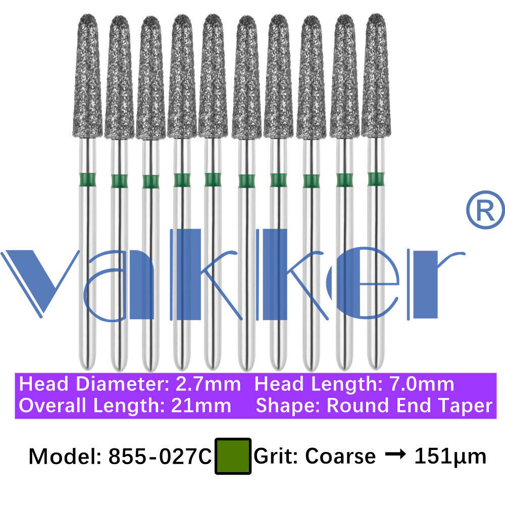 10pc/pk Vakker Dental FG Diamond Burs Round Long/ Round End Taper for High Speed