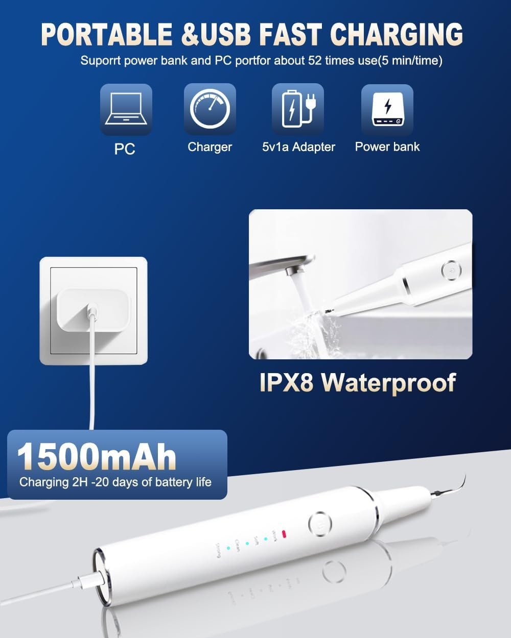 Electric Ultrasonic Dental Calculus Tooth Cleaner LED Scaler Plaque Remover Tool