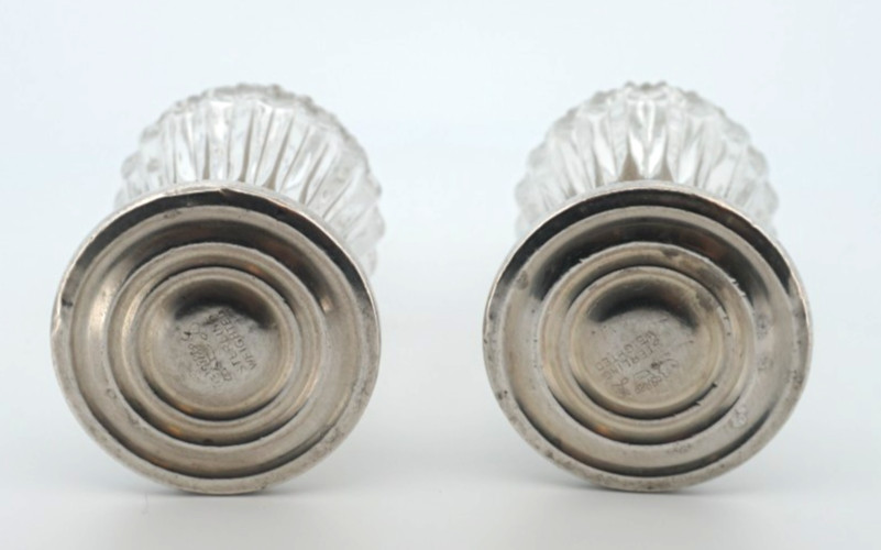 Vintage Antique Weighted Sterling Silver Crystal Glass Salt & Pepper Shakers