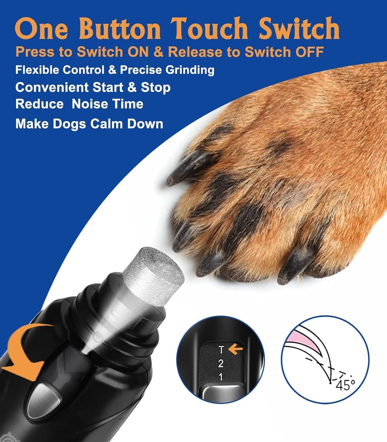 Dog Nail Grinder 2-Speed LED Light Quiet Low-Vibration Large Small Pets