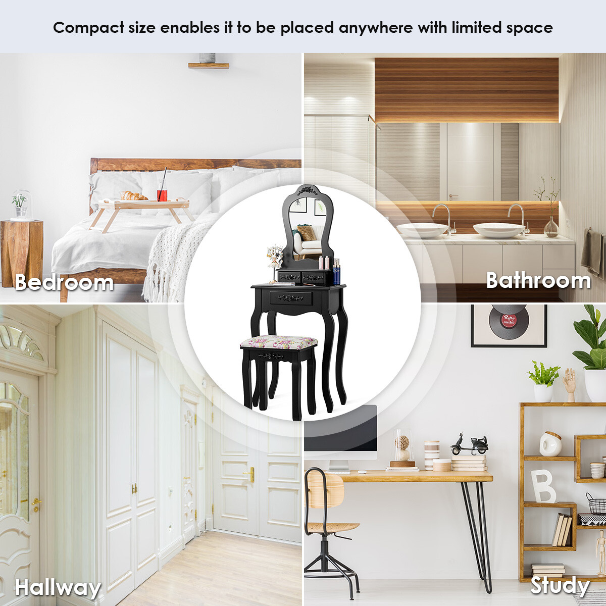 Vanity Wood Makeup Dressing Table Stool Set Jewelry Desk Drawer Mirror Black