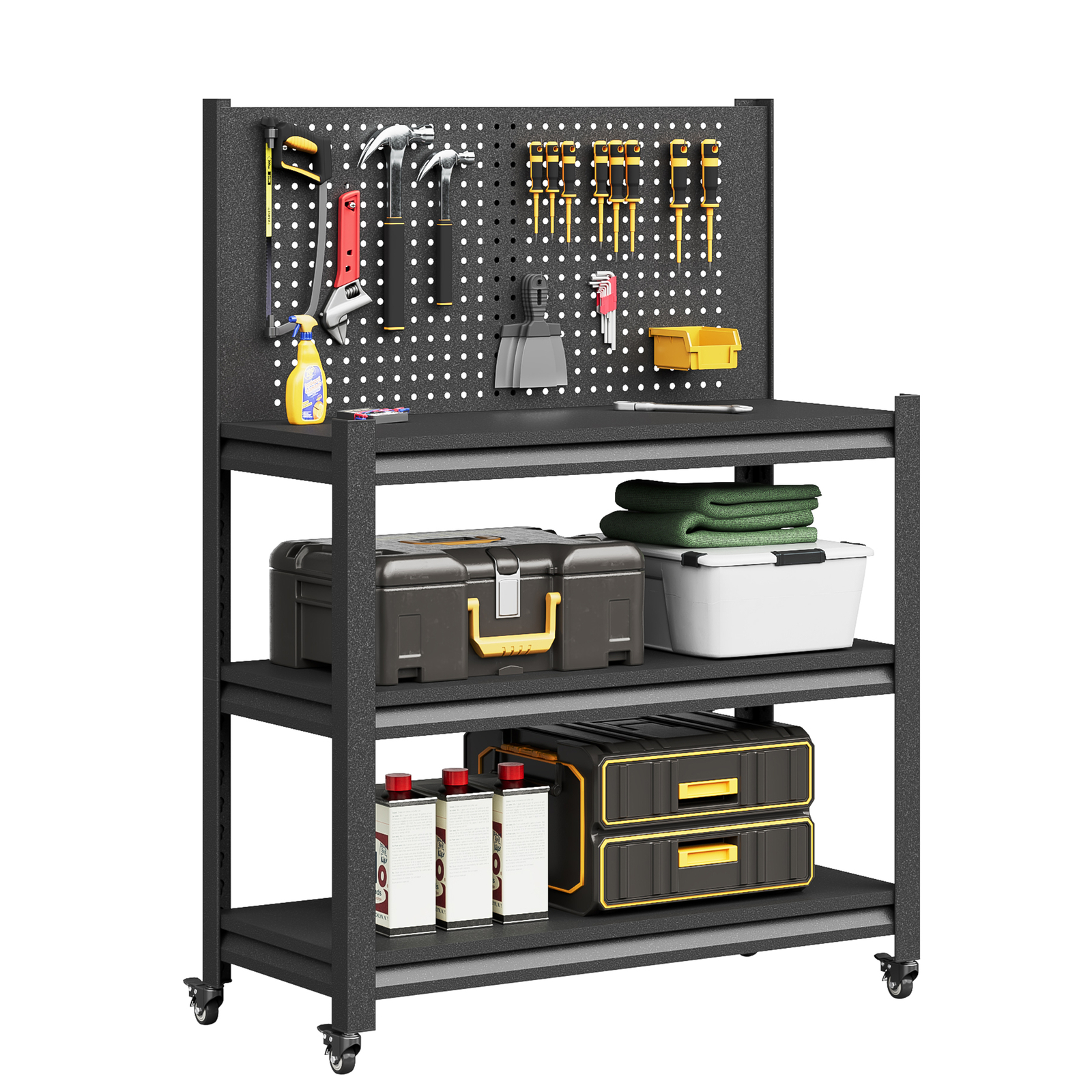 Roling Garage Workbench with Pegboard Adjustable Height Movable Storage Shelving