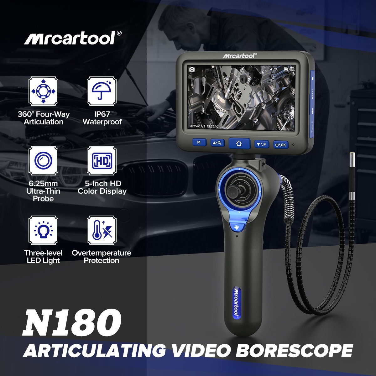 4 Way 360° Articulating Borescope Industrial Endoscope Camera Detachable Screen
