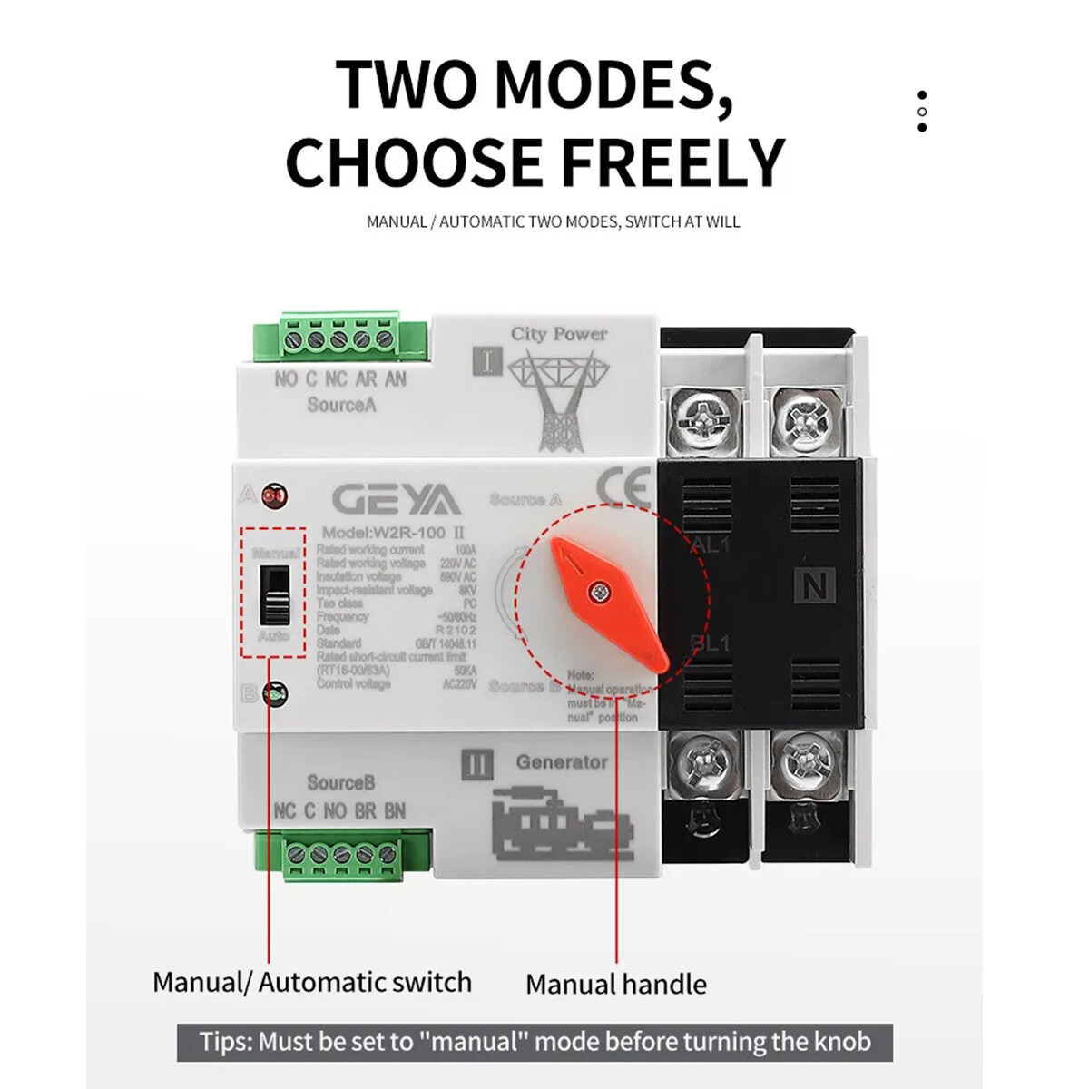 GEYA ATS PC Dual Power Automatic Power 3Pole 100A 220V Transfer Switch Grid NEW