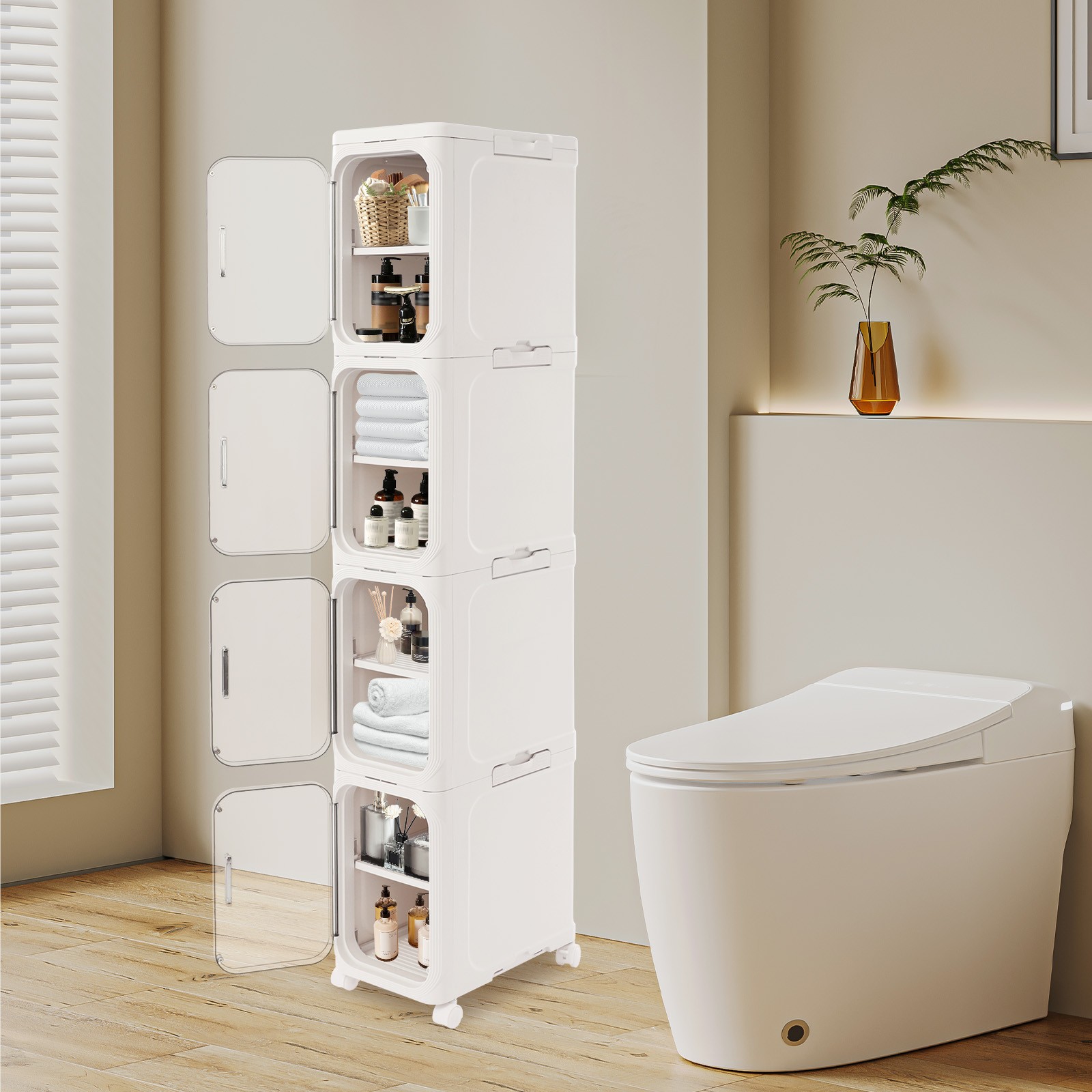 4-tier Slim Bathroom Storage Cabinet, Narrow Floor Standing Storage Cabinet