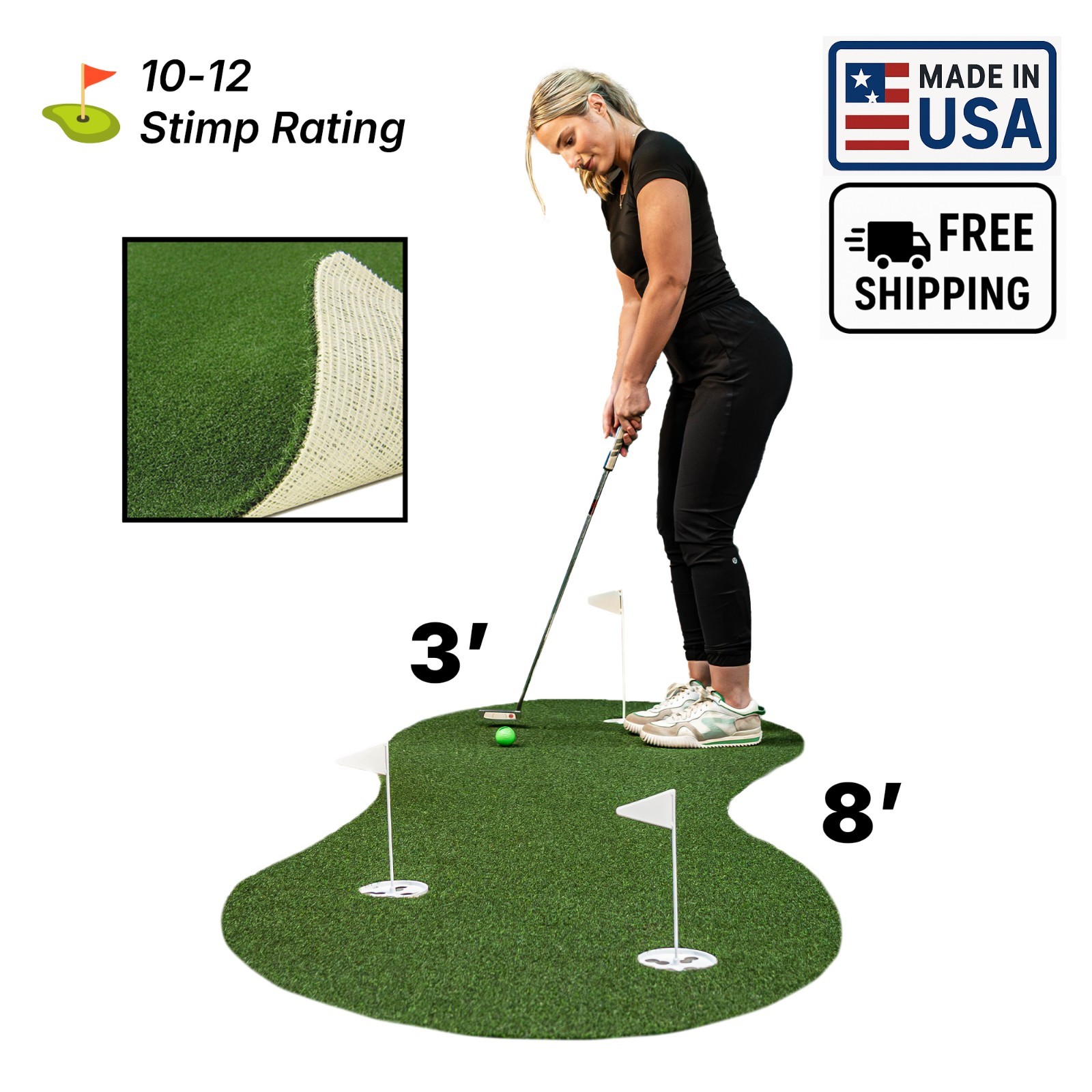 USA-Made 3 x 8 Pro Nylon Turf Putting Green Indoor / Outdoor Practice Mat