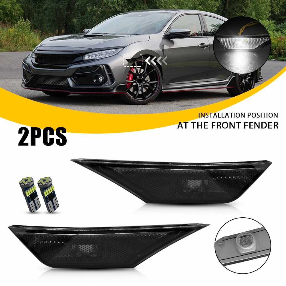 2PC For 2016-2021 Honda Civic Front LED Side Bumper Marker Smoked White LED EOA
