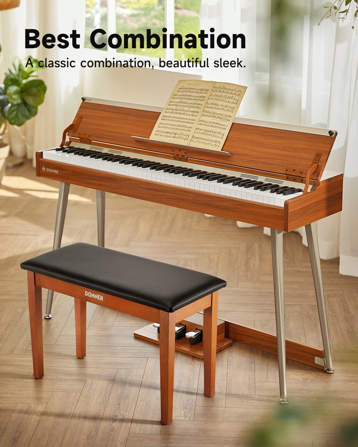 Donner Duet Piano Keyboard Bench with Storage Bookcase Solid Wooden Pad Cushion