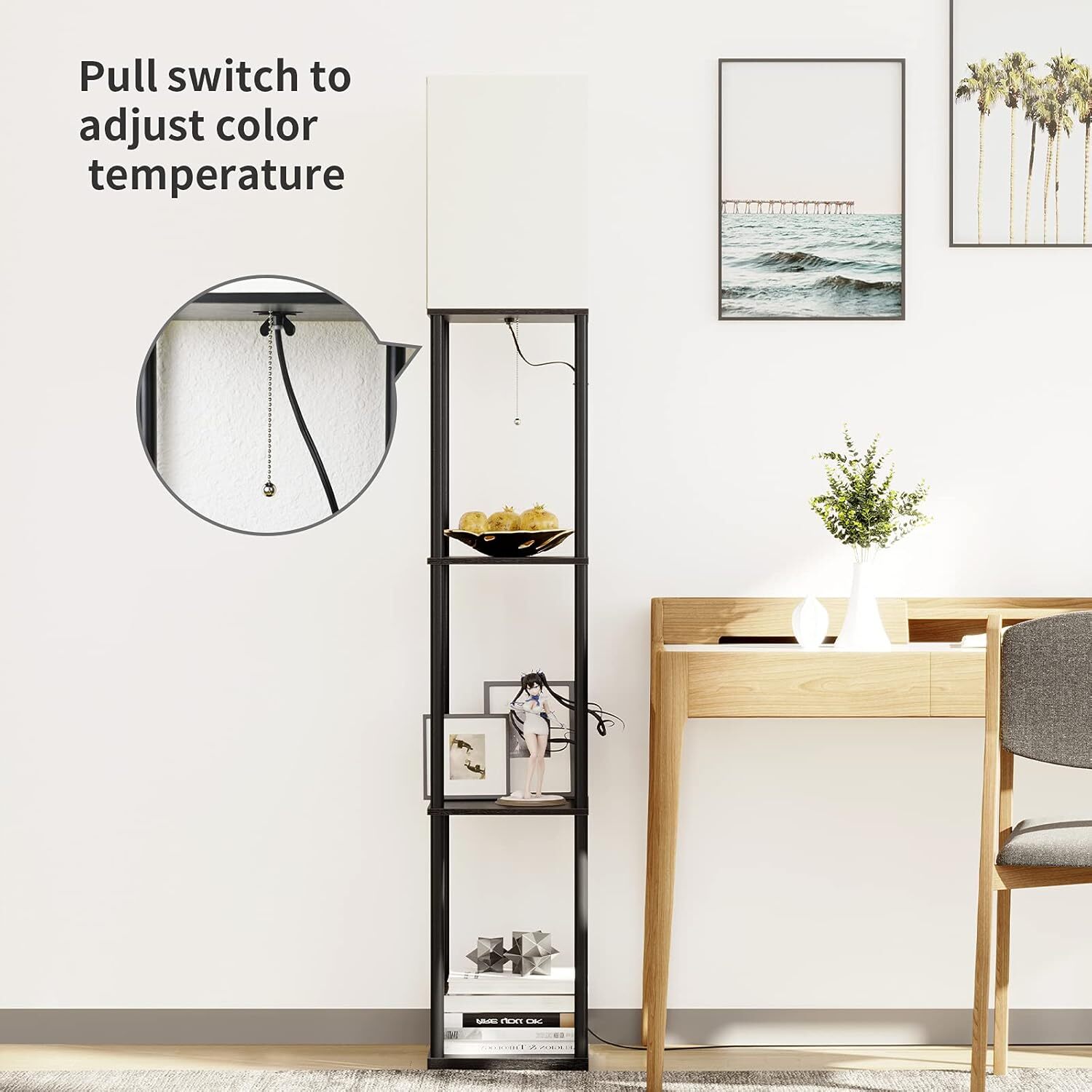 Floor Lamp with Shelves, Modern Square Standing Lamp & 3 Color Temperature Bulb