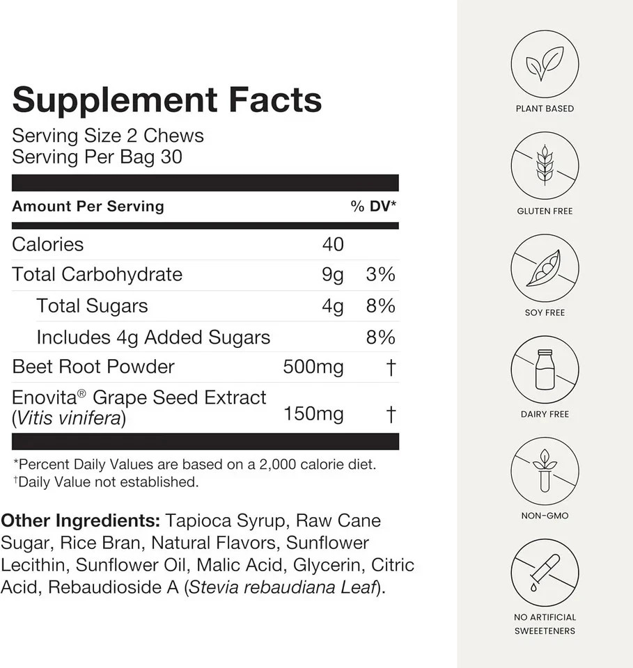 Humann SuperBeets Heart Chews: Nitric Oxide & Blood Pressure Support, 60 Count