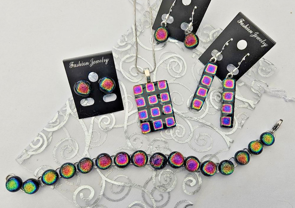 Handcrafted Fused Dichroic Glass Pendant, Earrings X 3, Bracelet Set