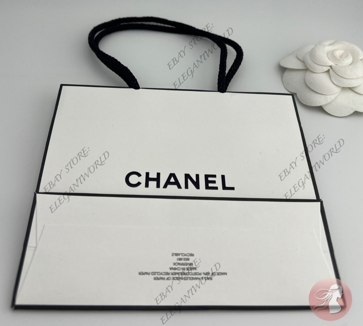 Chanel Small Empty Gift Bag White Paper Classic Black Logo L 5.5 x H 4.5 x D 2"