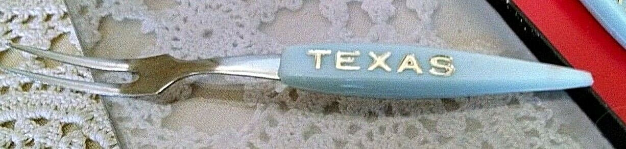 TEXAS COCKTAIL FORKS SET 6 VINTAGE JAPAN STAINLESS STEEL PLASTIC HANDLE ORG BOX.