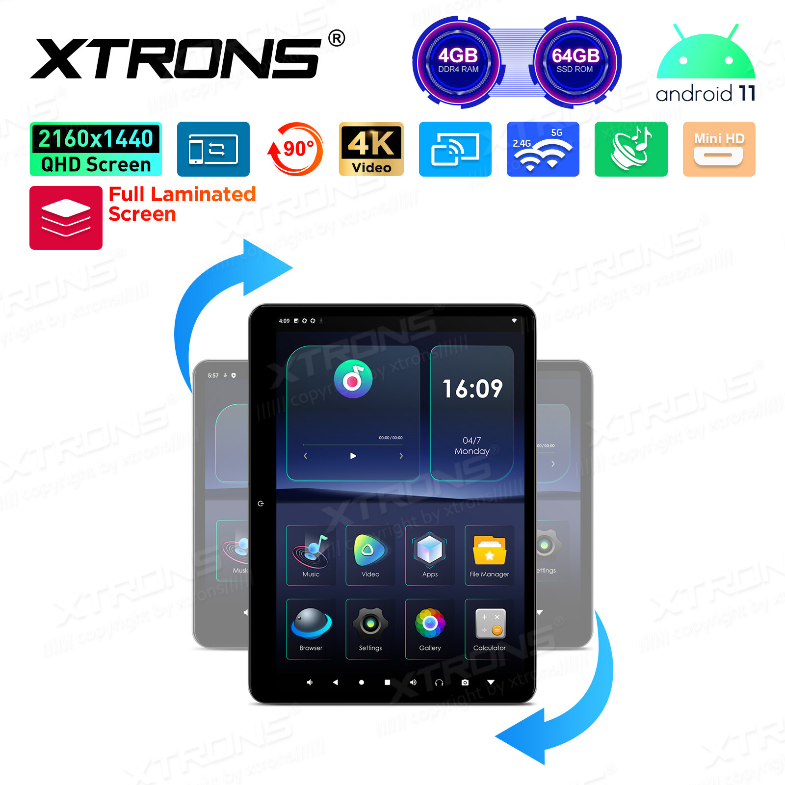 14" Android 64GB QHD Screen Car TV Backseat Headrest Monitor 4K WiFi +Headphones